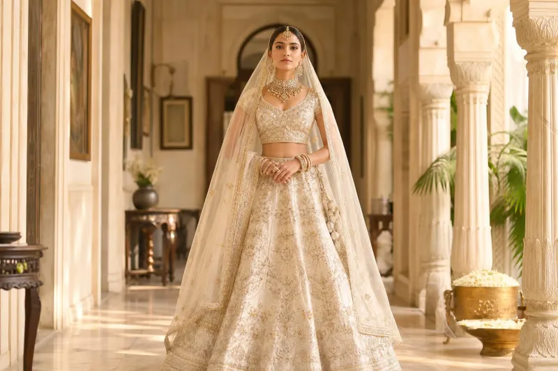 Full-length bridal lookbook photo of a woman in an ivory raw silk lehenga with champagne gold needlework and a light organza veil, standing in a sunlit heritage palace hallway.
