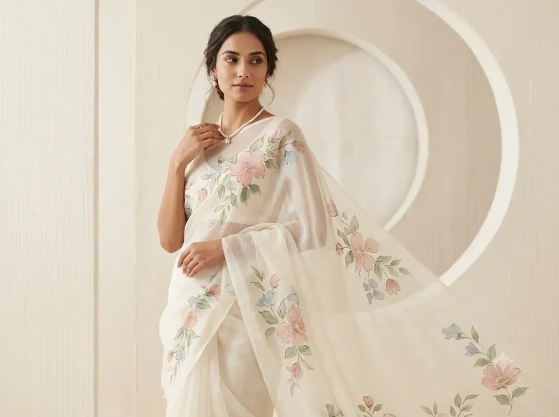 elegantly-styled-fashion-451d0b14 An elegantly styled South Asian model presenting a translucent ivory pure silk organza saree. The sheer fabric exhibits crisp, delicate folds as it drapes and is adorned with intricate, hand-painted pastel floral motifs in blush pink, sage green, and muted sky blue. Soft, romantic studio daylighting captures the subtle sheen of the textile against a minimalist, textured off-white backdrop featuring a soft, circular architectural element. The look is completed with subtle pearl jewelry and a serene pose.