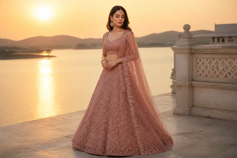 Fashion editorial photo of a model in a dusty rose net lehenga with tone-on-tone resham embroidery and glass beads, fabric draped softly in golden hour light.