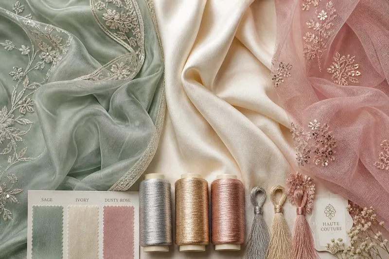 Flat-lay studio composition of sage green organza, ivory silk, and dusty rose net fabrics beside silver, champagne gold, and rose gold embroidery thread swatches under soft diffused light.