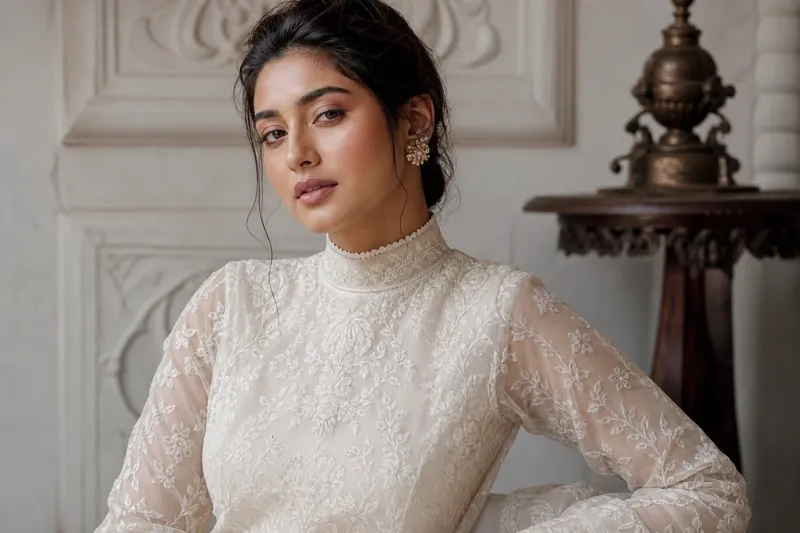 minimalist-chikankari-25132bb6 Editorial photo of a model in a high-neck ivory Chikankari blouse with white-on-white shadow embroidery and sheer floral organza sleeves in soft daylight.