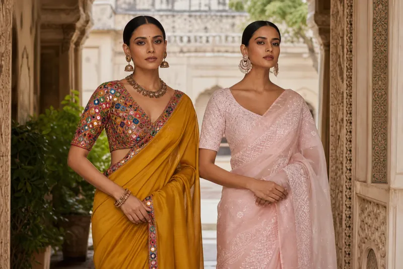 side-by-side-comparison-b3b77289 Fashion lookbook of two models in a heritage courtyard — one in a colorful Kutch mirror-work blouse with a solid silk drape, the other in a pastel pink Chikankari blouse with a tissue saree.