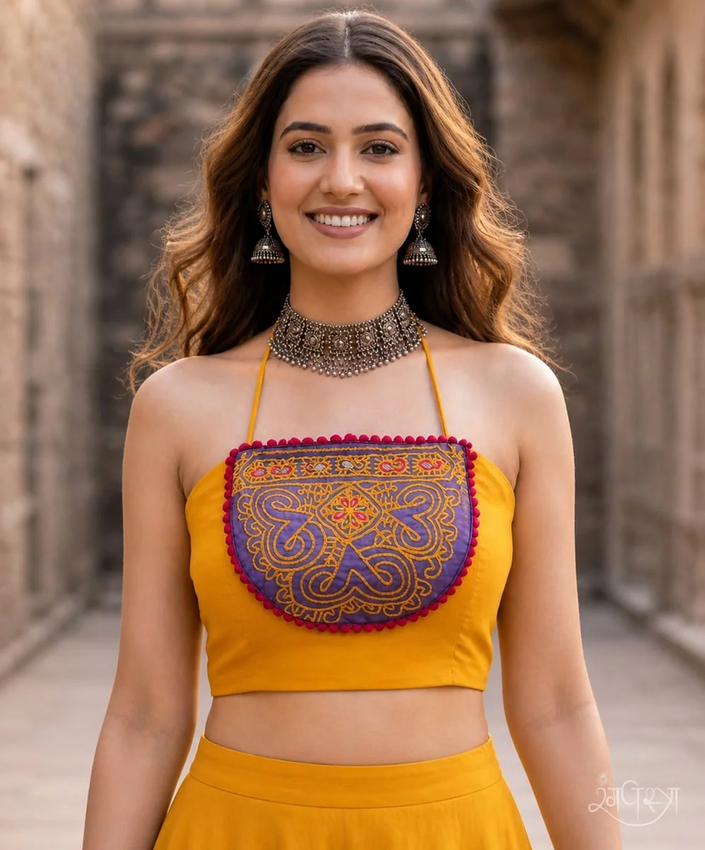 Bright Yellow Kutchi Embroidered Halter Blouse with Cobalt Blue Panel & Deep Red Trim | Open Back | Festive Wear | Navratri & Party