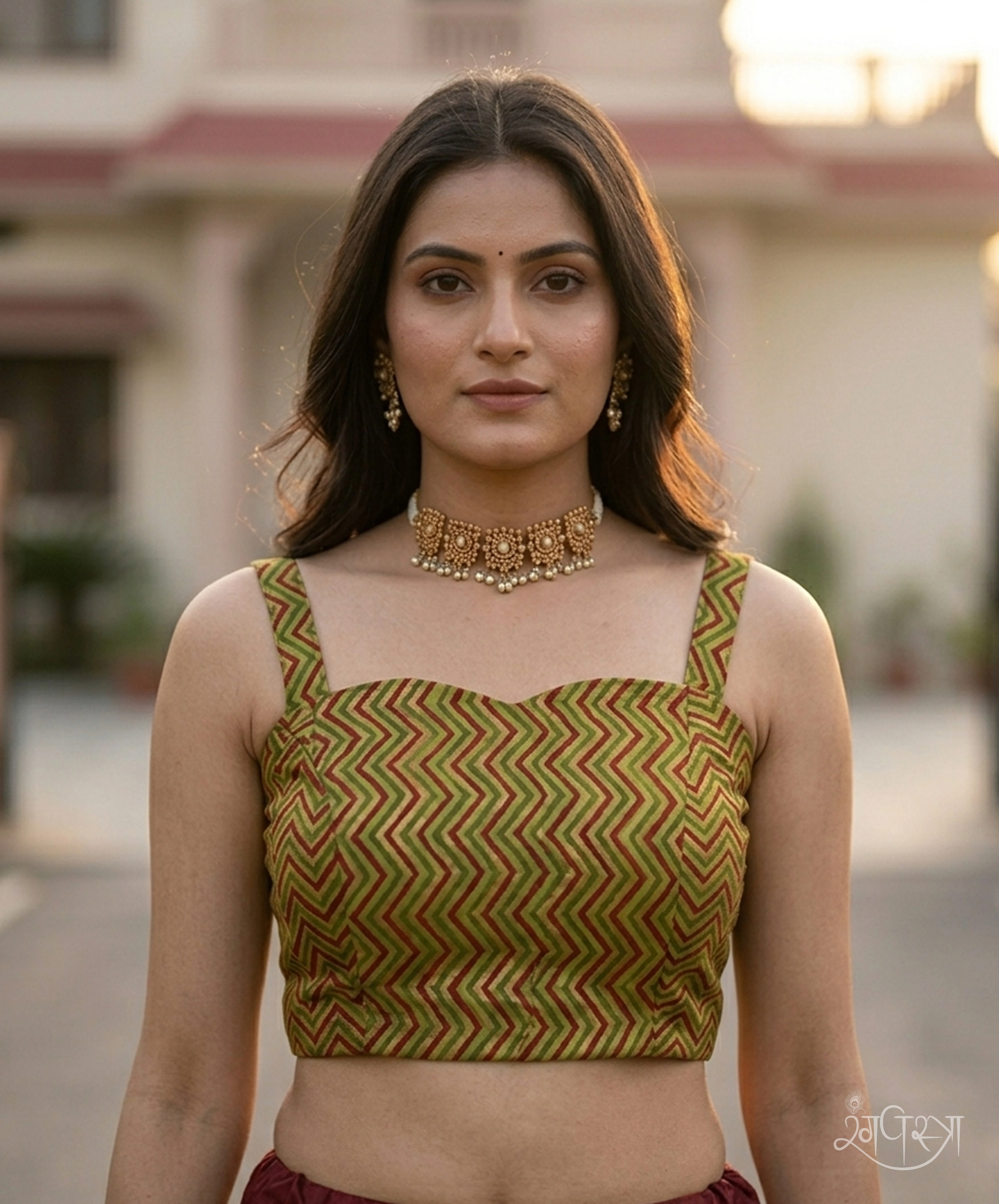 Olive Green Zig-Zag Print Blouse with Sweetheart Neck & Cowrie Shell Detail | Fully Closed Back | Festive & Party Wear