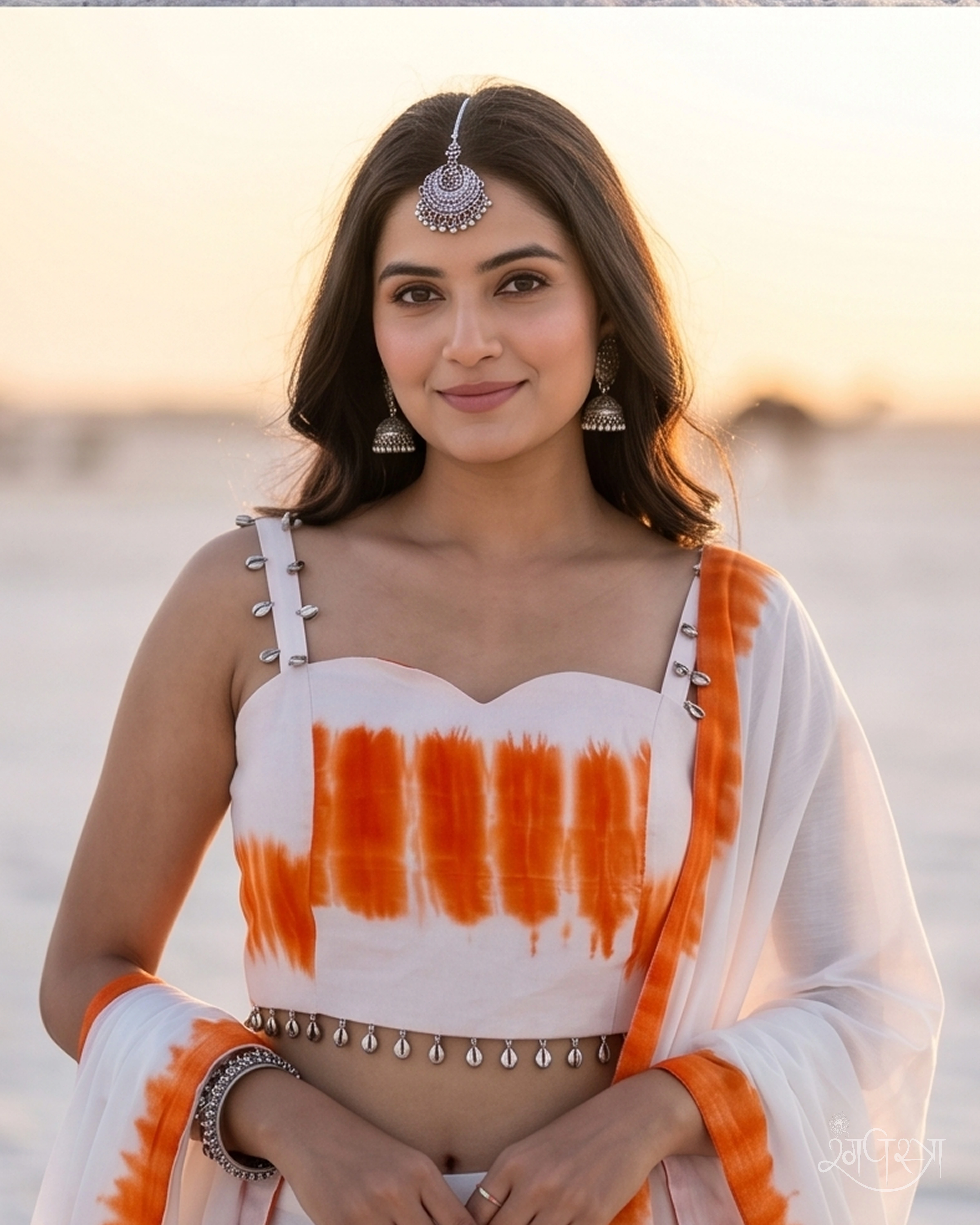 Creamy White Orange Shibori Tie-Dye Spaghetti Blouse with Cowrie Shells & Deep V-Cut Open Back | Festive Wear