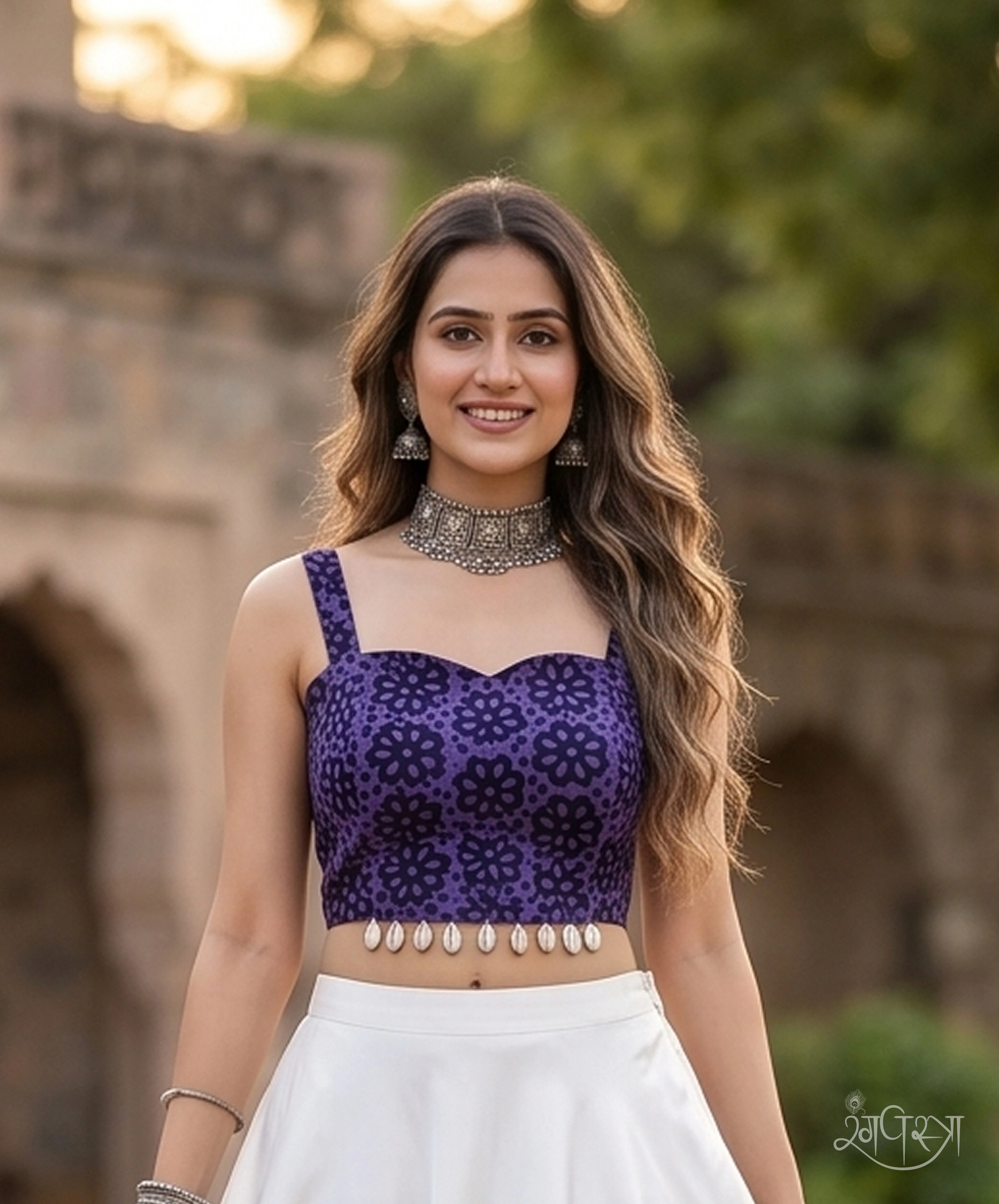 Deep Violet Floral Print Blouse with Sweetheart Neck & Broad Straps | Deep V-Cut Back Blouse | Festive & Party Wear | Cowrie Shell Hem