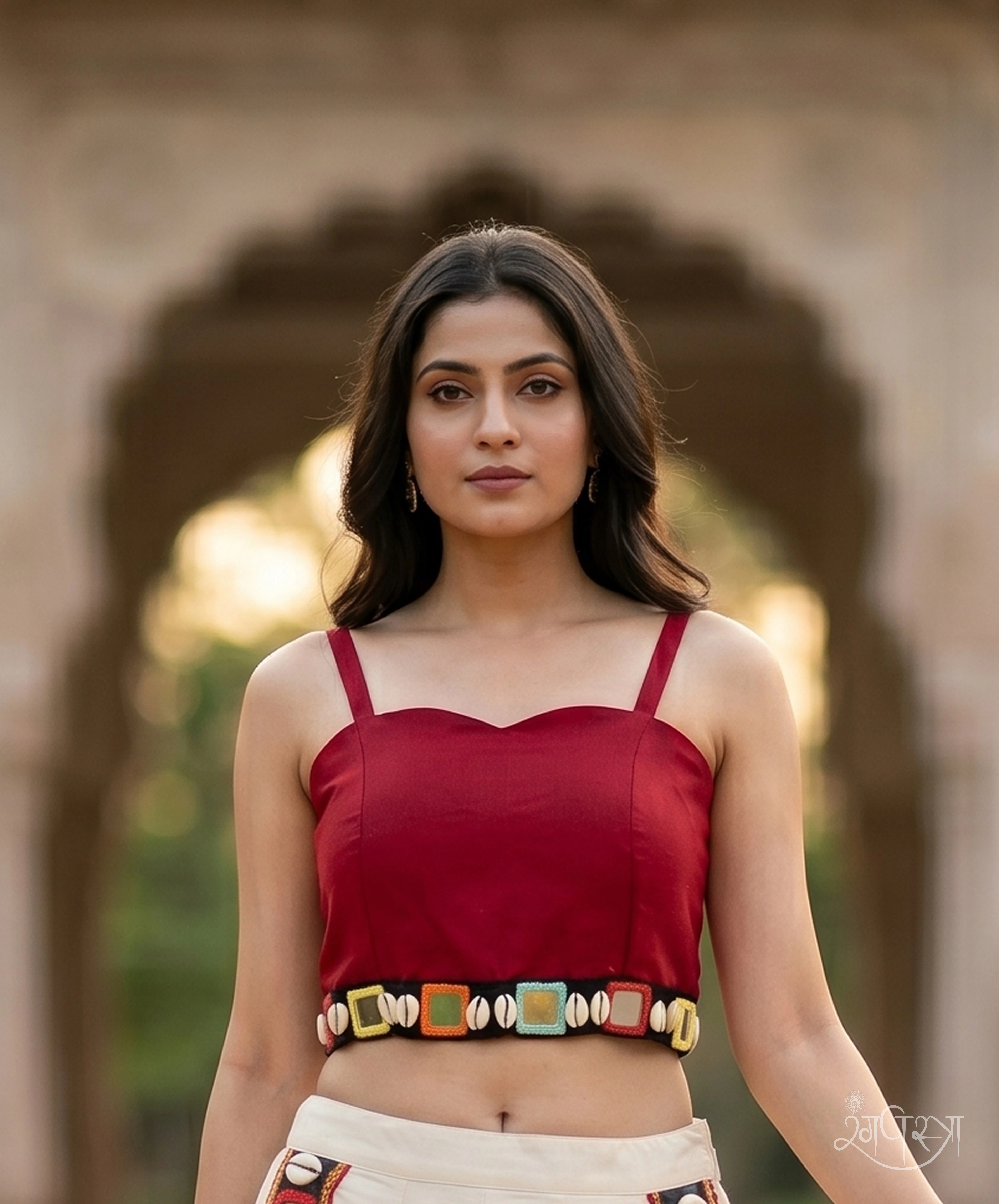 Deep Red Cotton Blouse with Sweetheart Neckline, Mirror & Cowrie Shell Embellishment, & Narrow Straps | Festive Wear | Navratri & Party