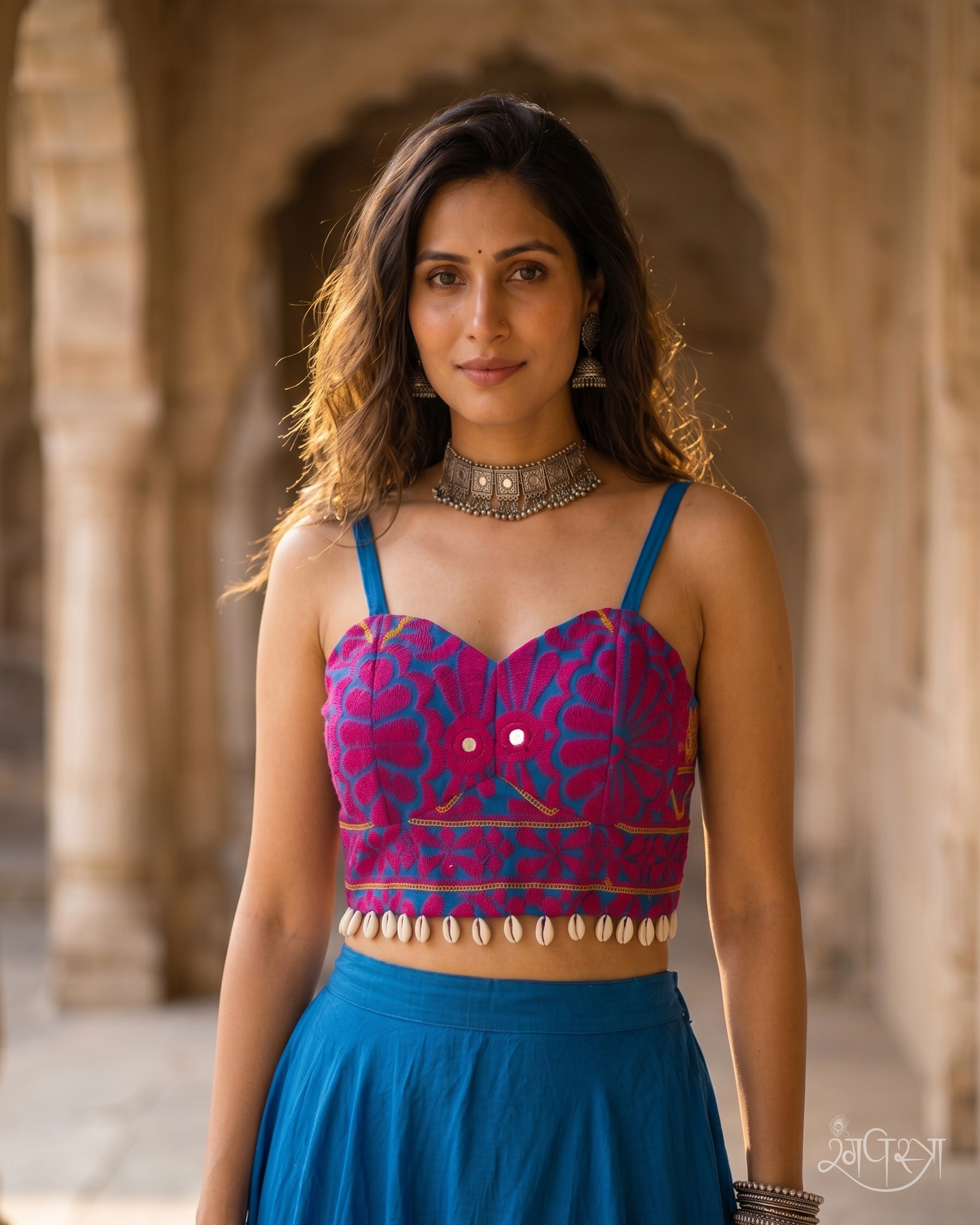 Magenta Kutchi Embroidered Blouse with Shisha Mirrors & Cowrie Shell Accents | Sweetheart Neck | Navratri & Party Wear