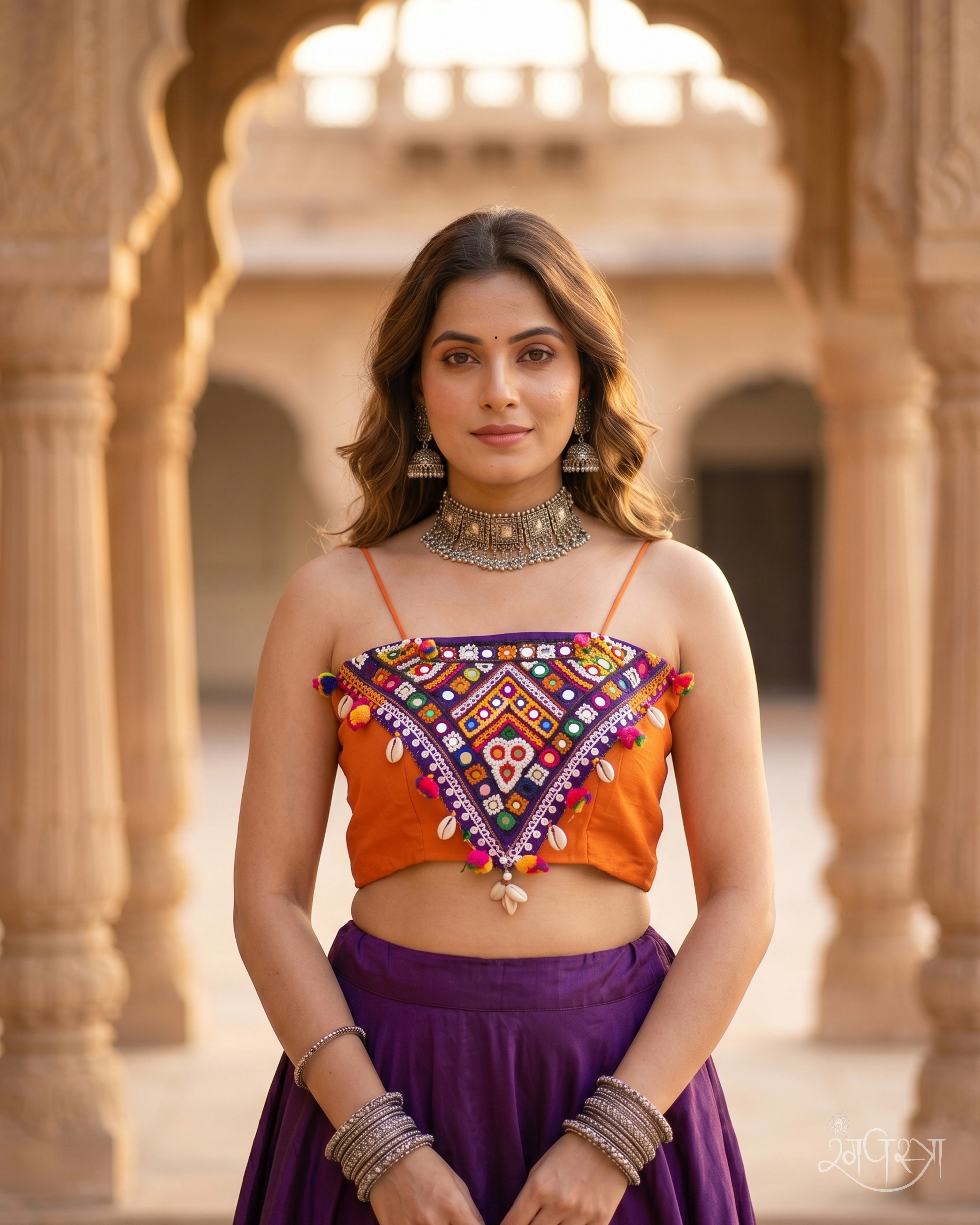 Deep Orange Kutchi Embroidered Blouse with Shisha Mirror Work & Cowrie Shells | Open Back Tie-Up | Festive & Navratri Wear