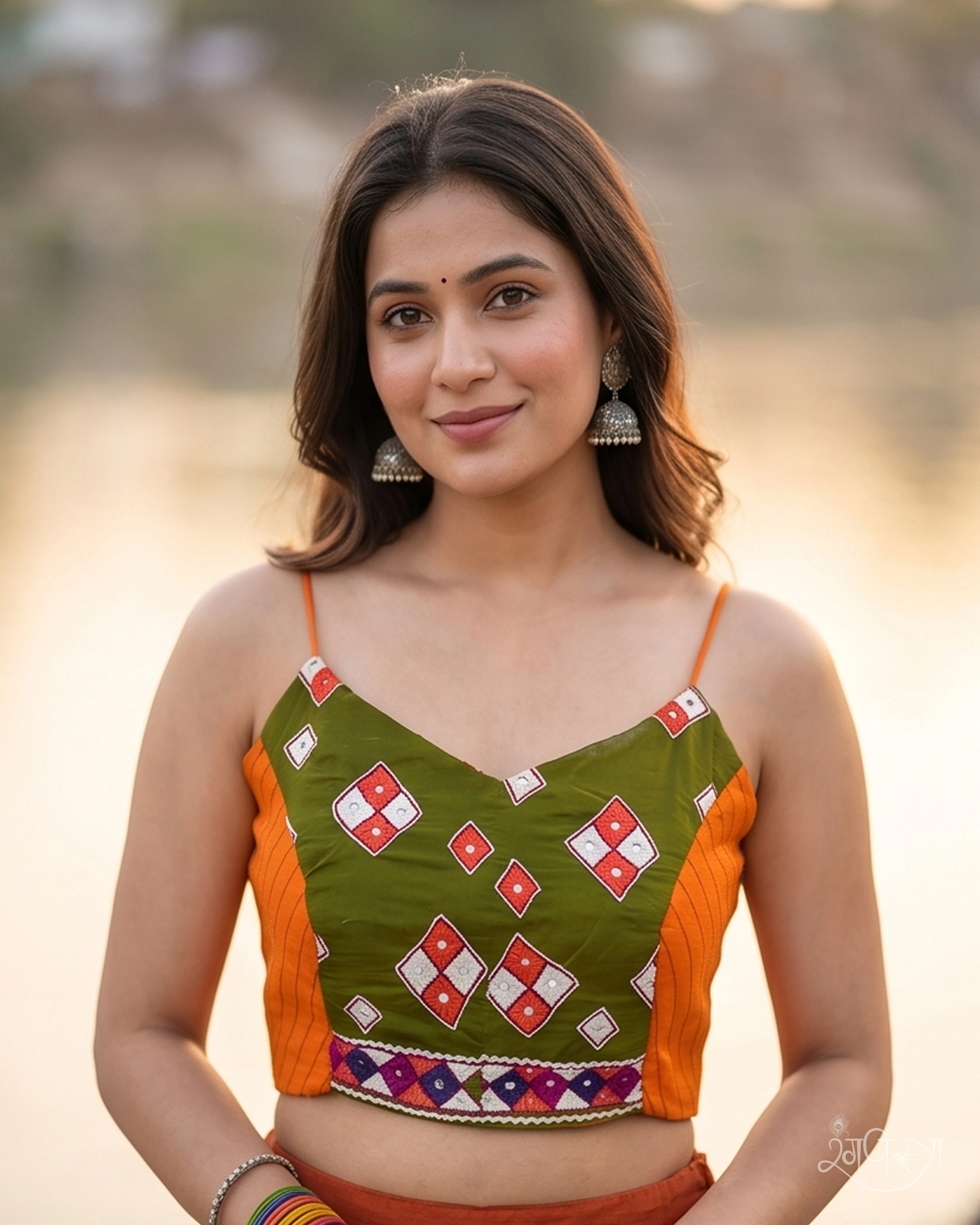 Orange & Olive Green Spaghetti Open Back Blouse with Sweetheart Neck & Narrow Straps | Festive | Navratri & Party Wear