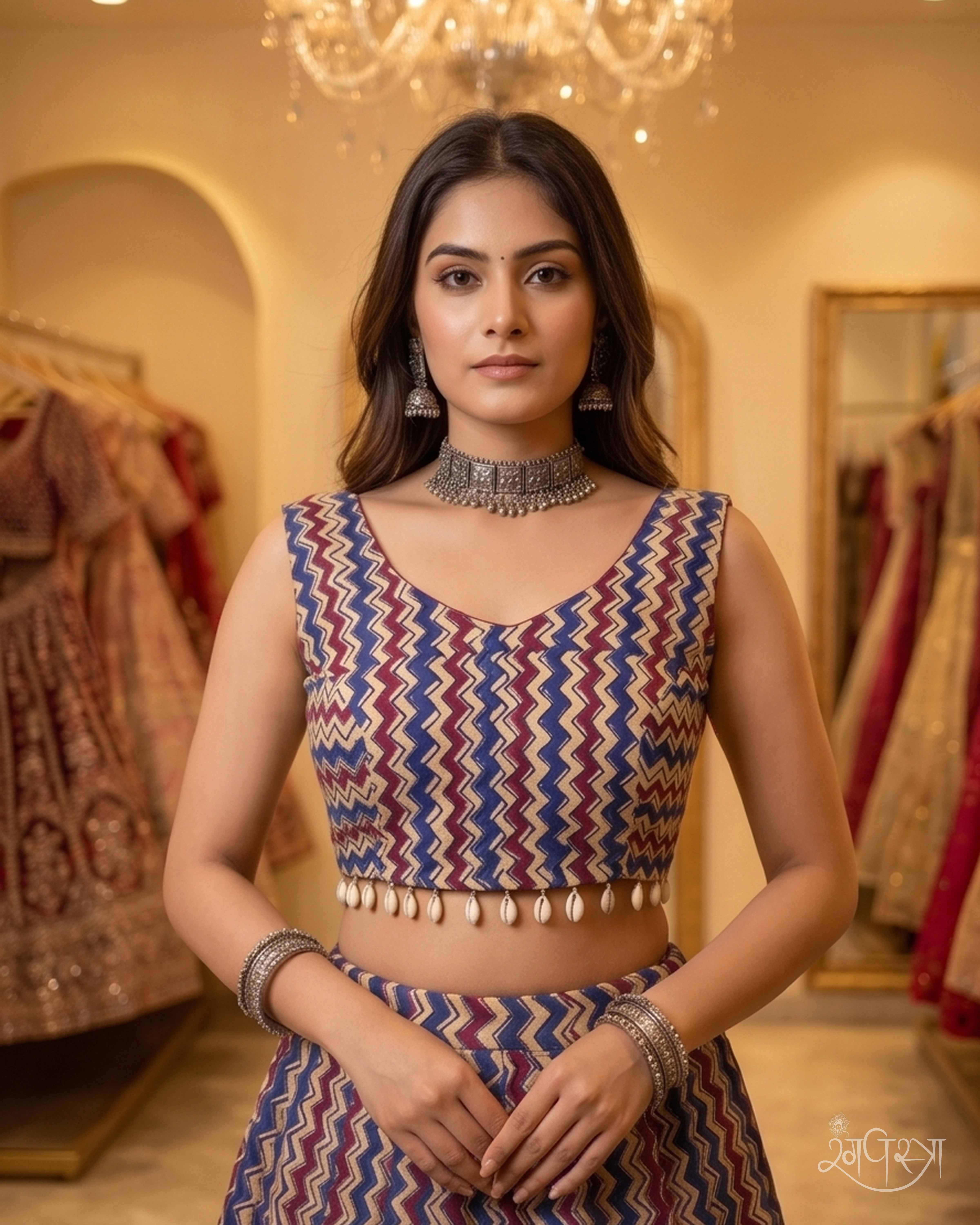 Multi-Color Chevron Print Blouse with Deep V-Neck, Deep U-shaped Open Back & Cowrie Shells | Festive | Navratri Party Wear