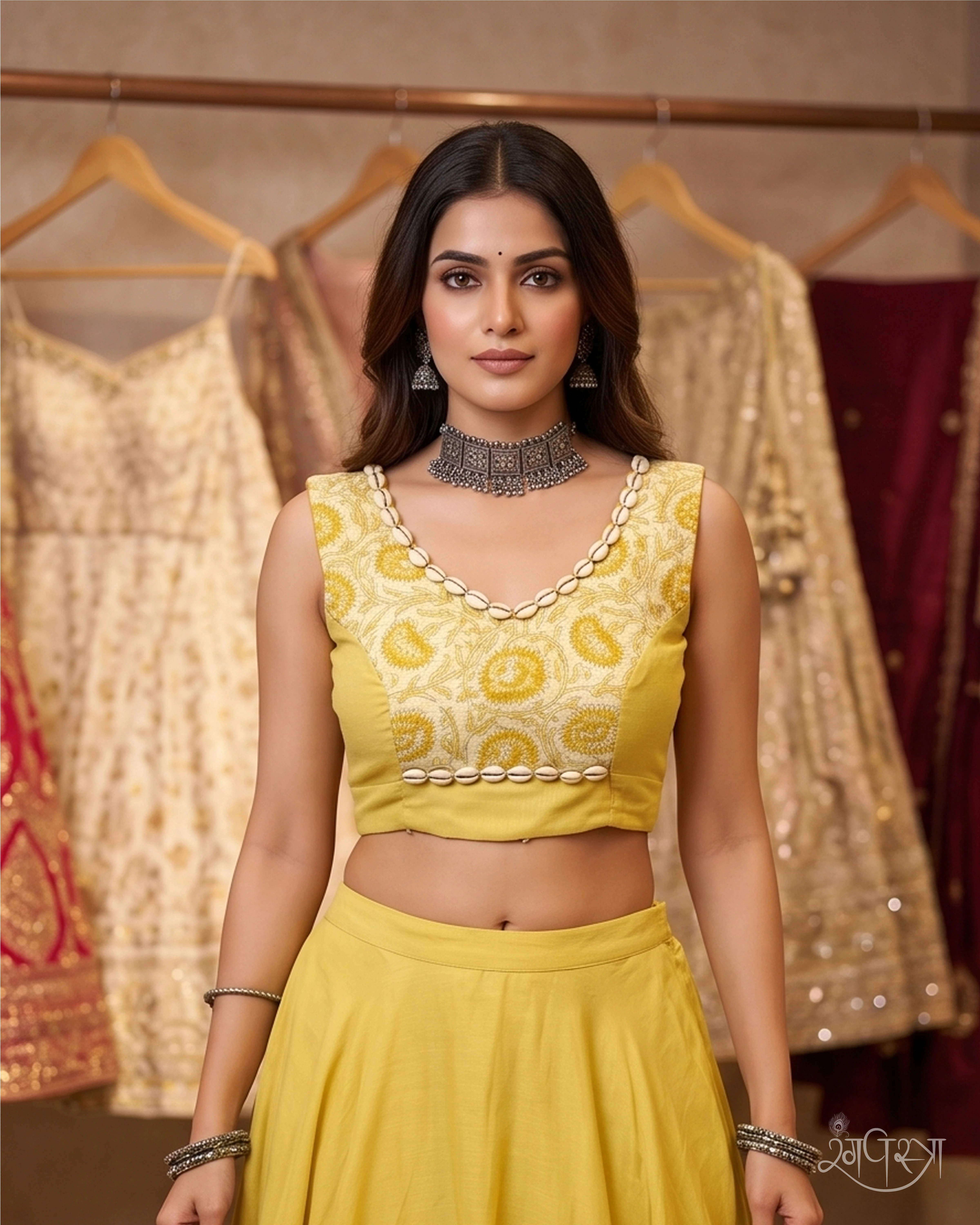Yellow Floral Print Sleeveless Open Back Blouse with Cowrie Shell Embellishments & Tie Strings | Festive | Navratri & Party Wear