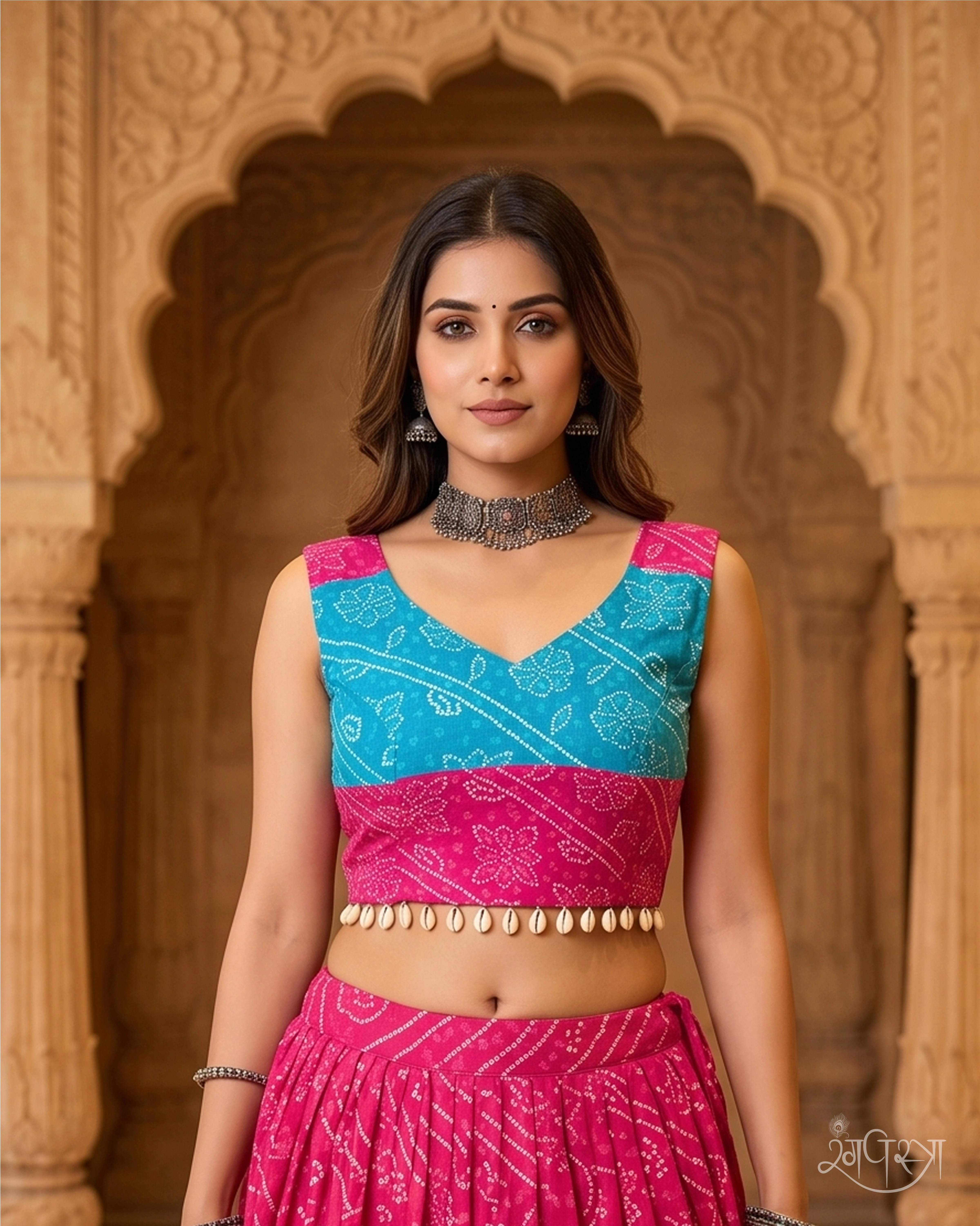 Turquoise Blue & Magenta Pink Bandhani Print Blouse with Open Back, Broad Shoulder Straps & Cowrie Shell Hem | Festive | Navratri & Party Wear