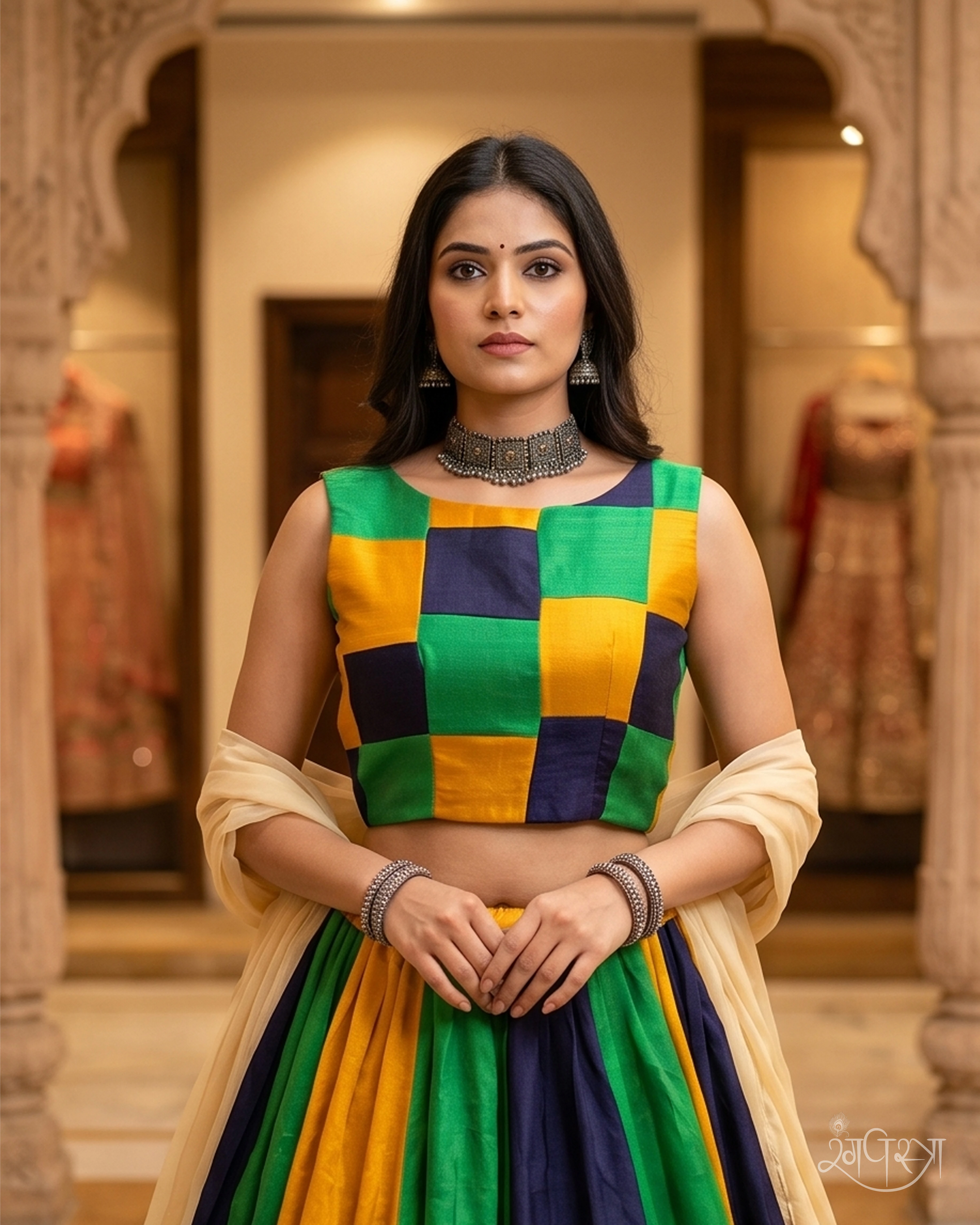 Multi-Color Patchwork Sleeveless Blouse with Deep Open Back & Pom-Pom Tassels | Festive Wear | Navratri & Party