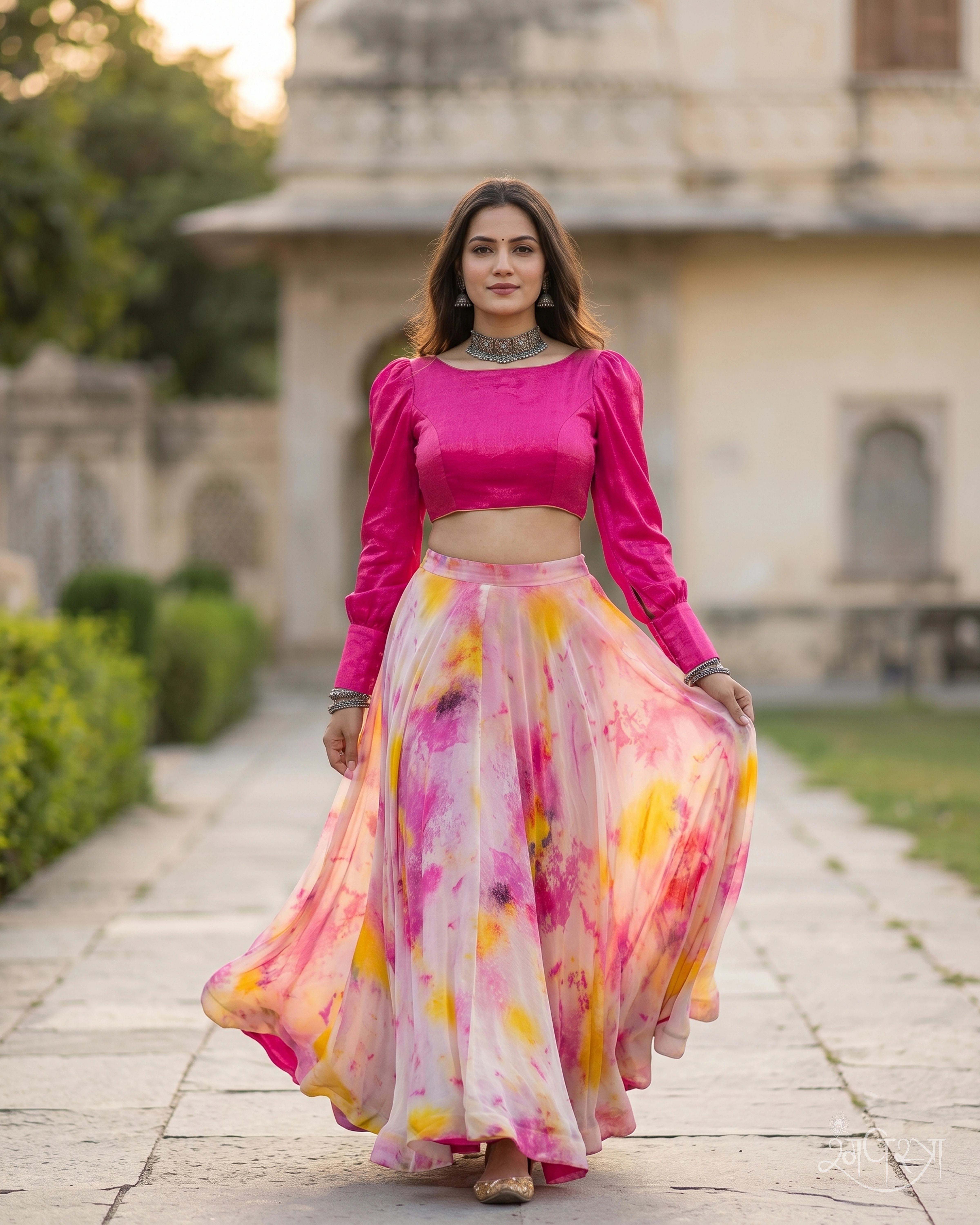 Hot Pink Multi-color Abstract Print 2-Piece Lehenga Set with Full Puff Sleeves & Keyhole Back | Contemporary Ethnic | Festive Wear