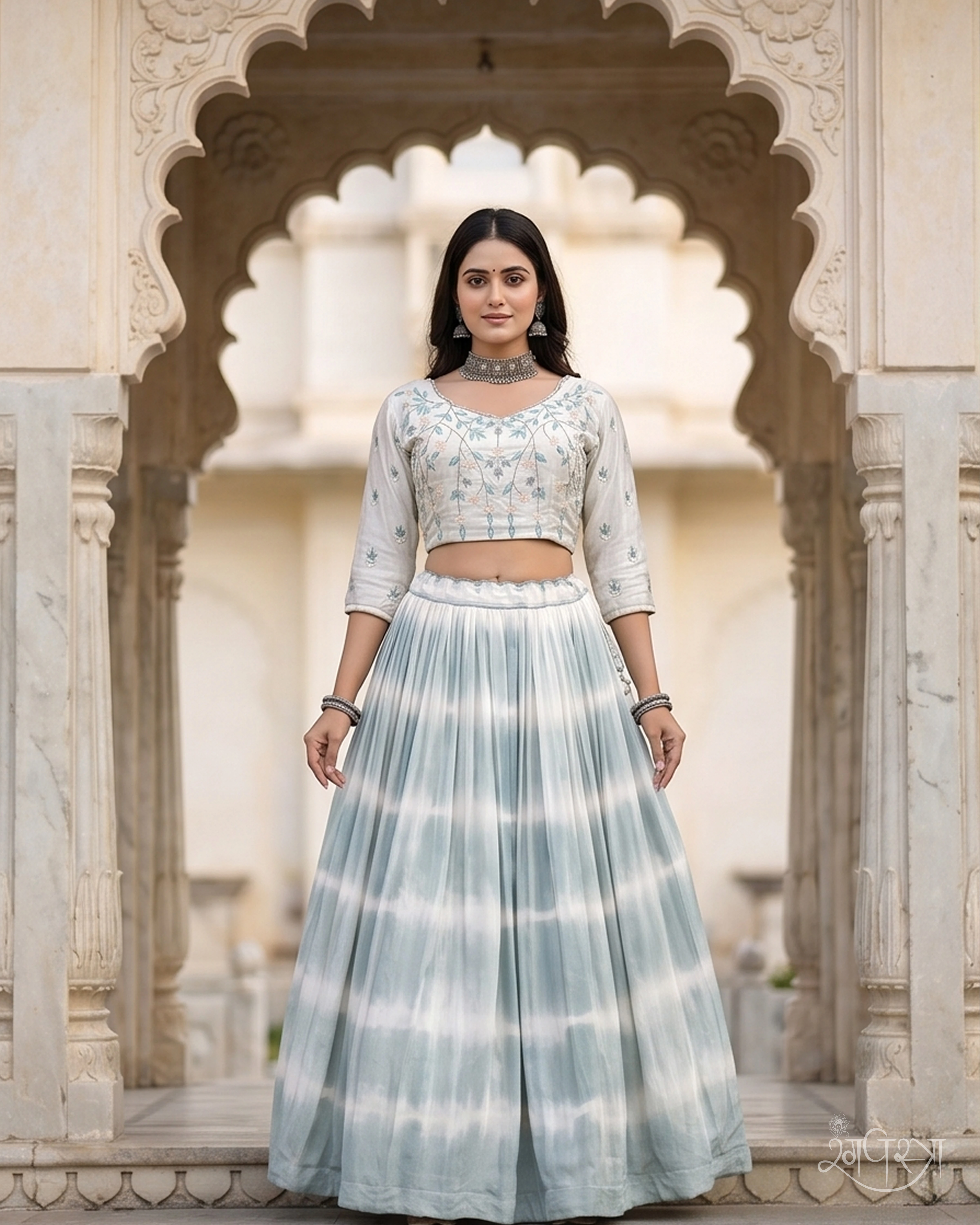 Off-white Floral Thread Embroidered 2-Piece Lehenga Set with Keyhole Back & Tie-Dye Pleated Skirt | Festive Wear | Ethnic Chic