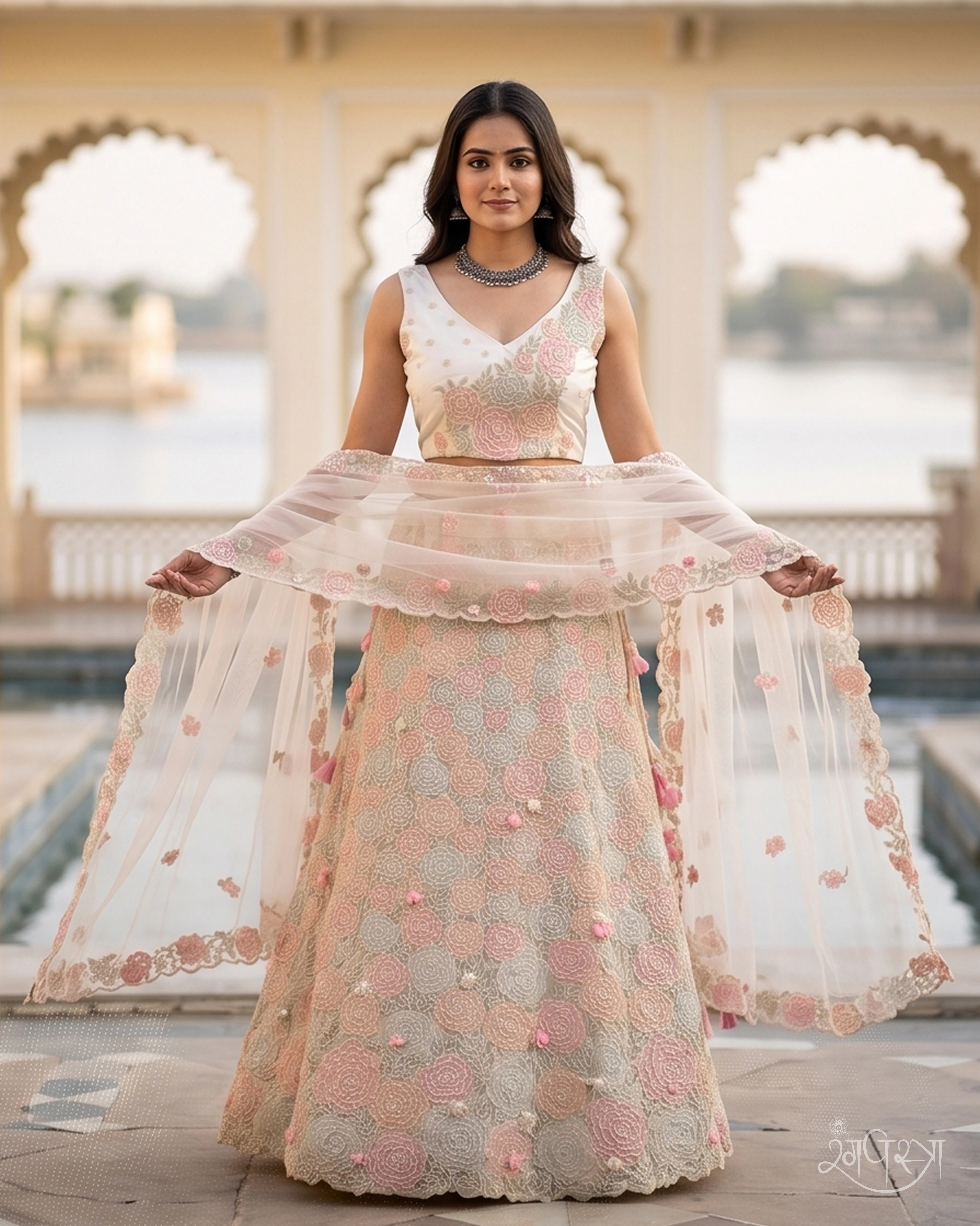Off-White Floral Thread Embroidered 3-Piece Lehenga Set with 3D Fabric Flowers & Sequins Accents | Festive Wear | Wedding Occasion