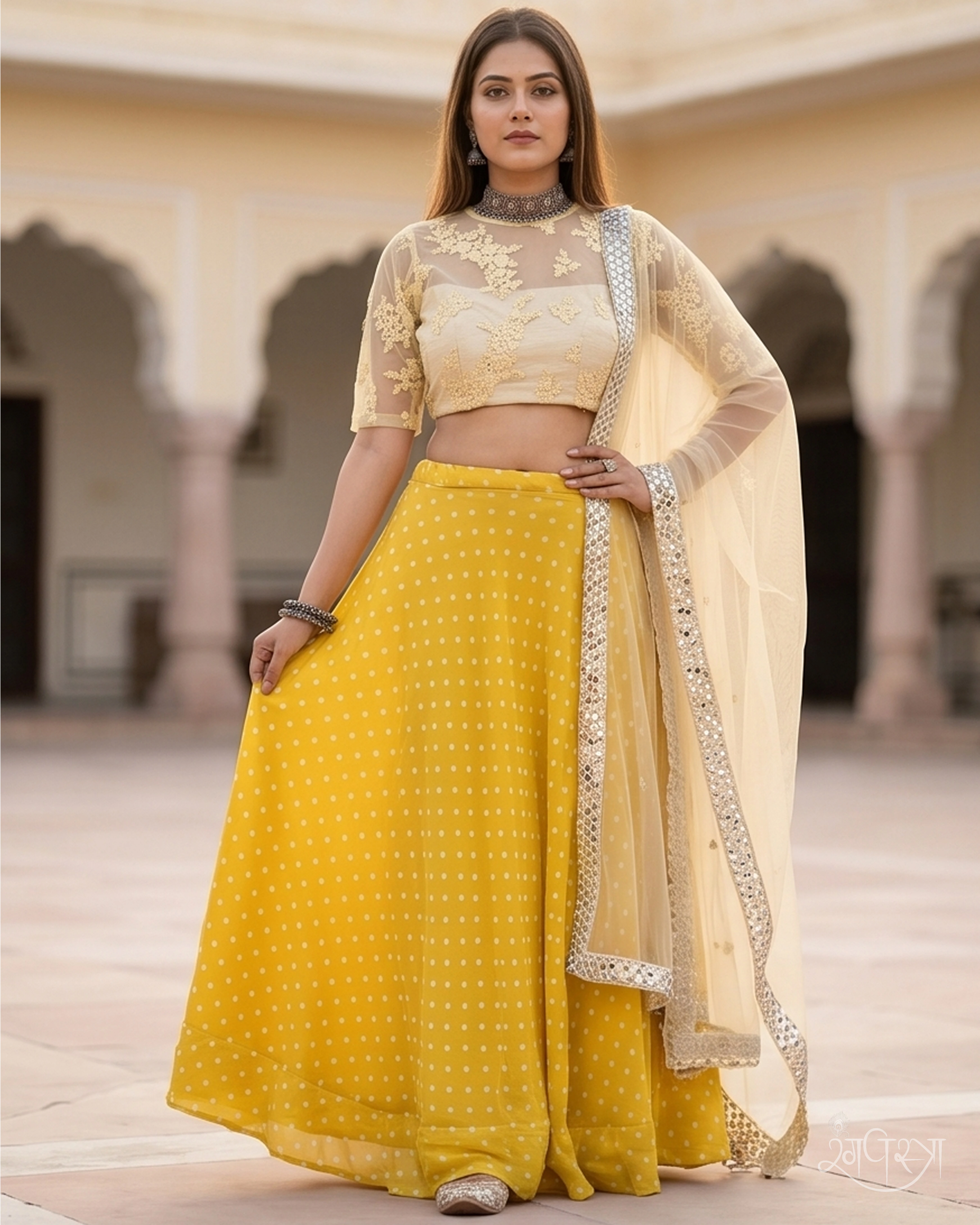 Yellow Floral Thread Embroidered 3-Piece Lehenga Set with Polka Dot Skirt & Mirror Work Net Dupatta | Festive Wear | Ethnic Chic