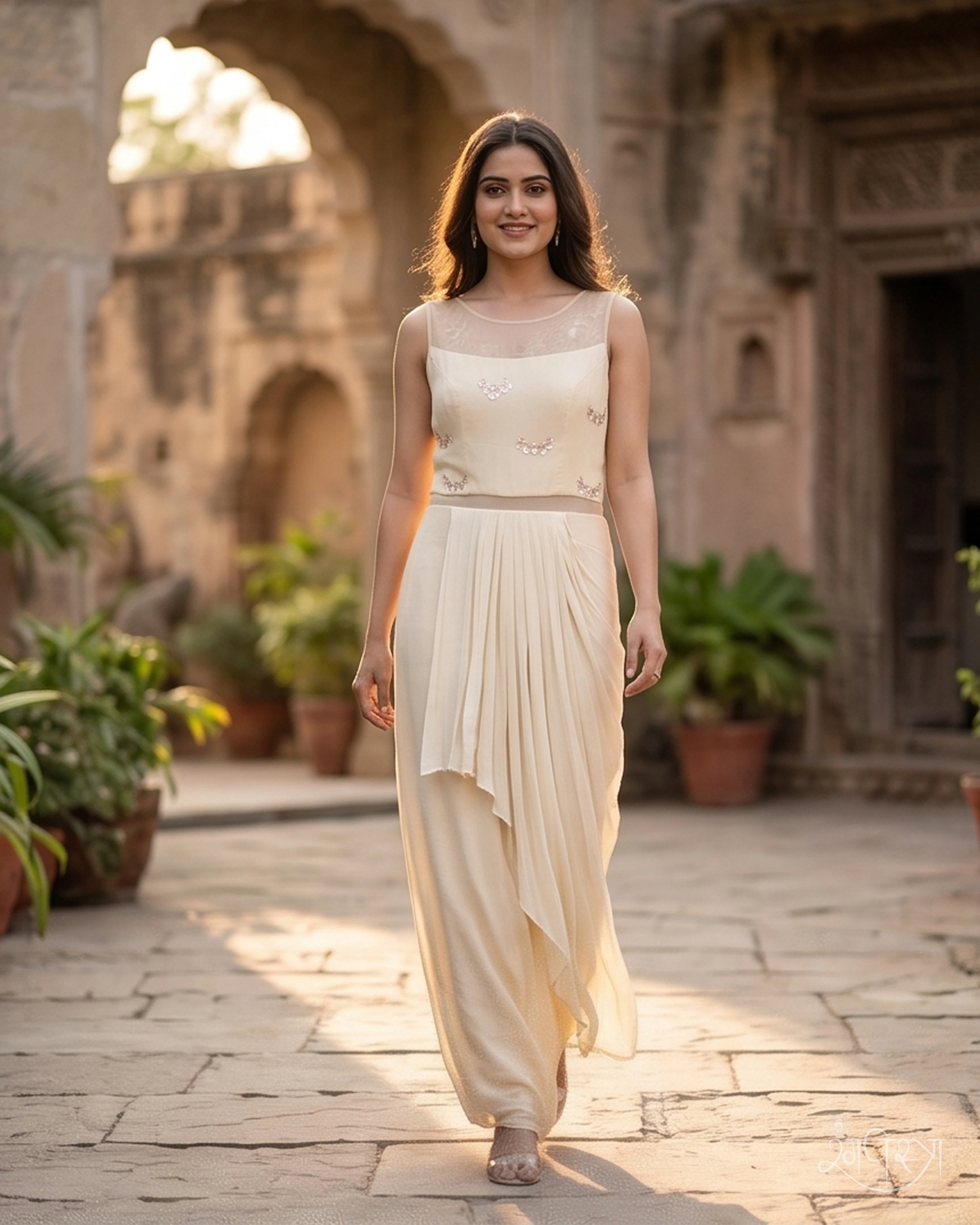 Light Cream Sequin Drape Festive Gown with Sheer Yoke & Asymmetric Drape | Evening Wear | Reception Gown