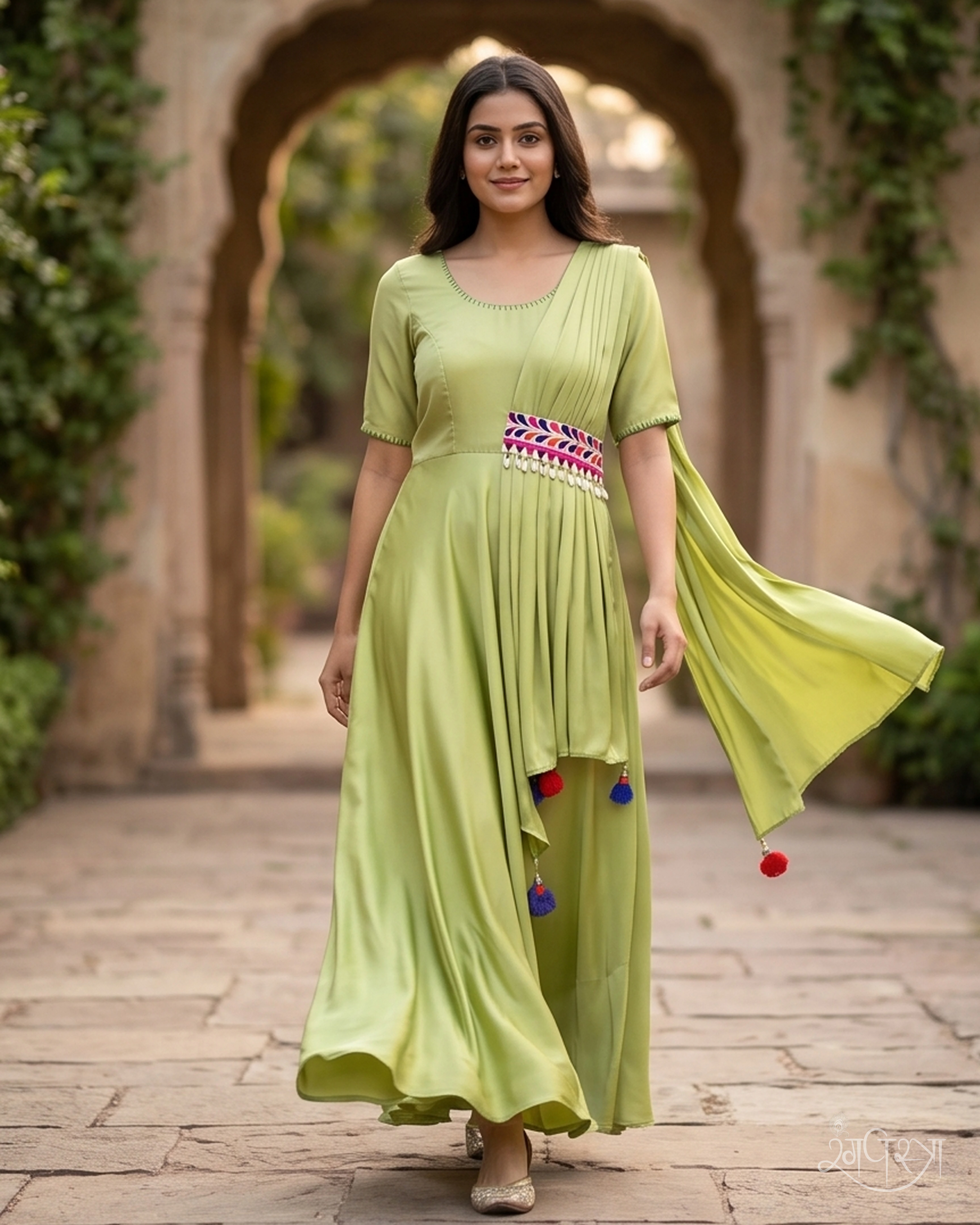 Lime Green Kutchi Hand Embroidery 2-Piece Anarkali Gown Set with Cowrie Shell Accents & Tassels | Folk Style | Festive Wear
