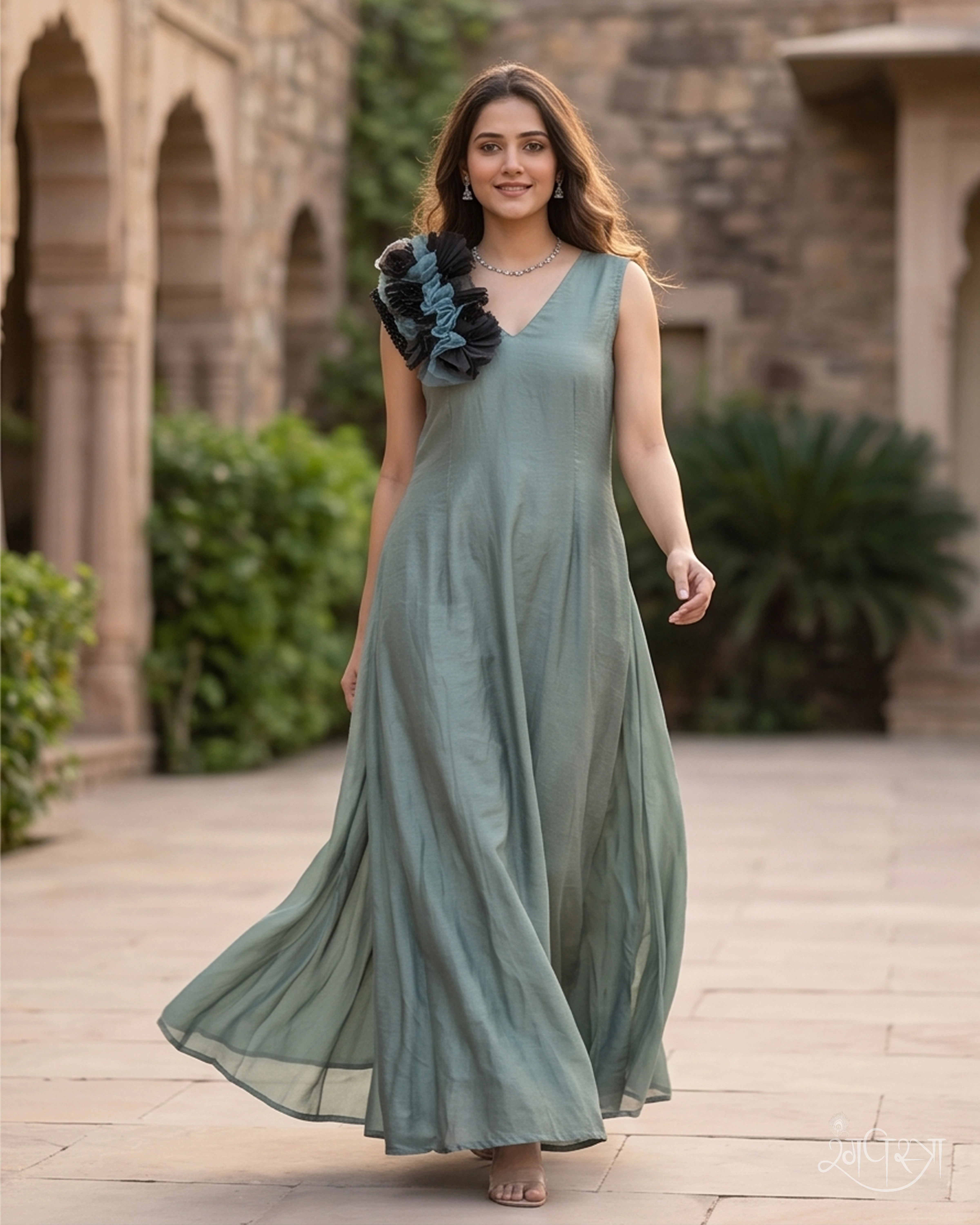 Slate Green 1-Piece Party-wear Gown with V-Neckline & 3D Fabric Flowers & Sequin Accents | Contemporary | Cocktail Party