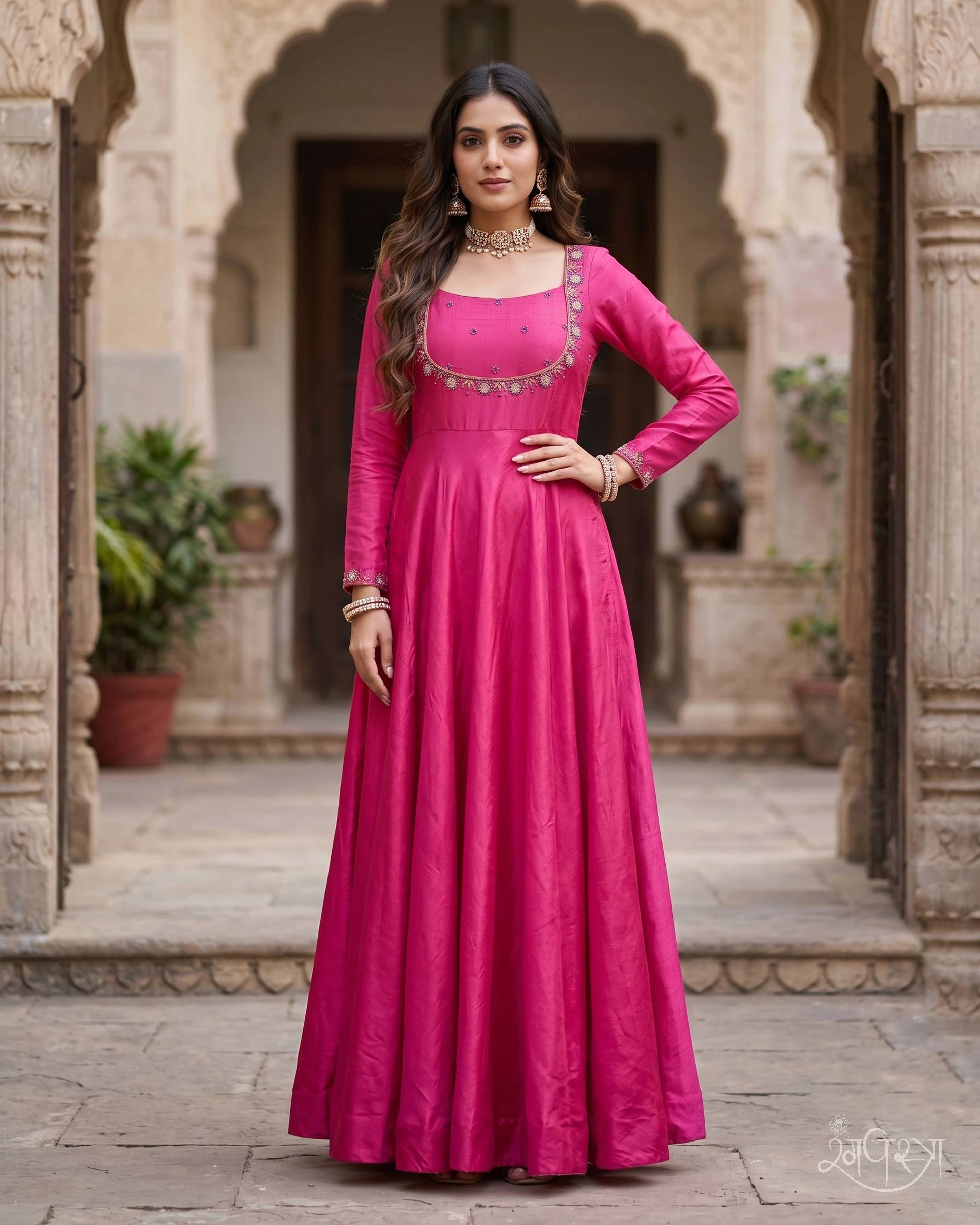 Fuchsia Pink Floral Thread Hand Embroidered 1-Piece Anarkali Gown with Full Sleeves & Keyhole Back Cut-out | Evening Wear | Wedding Guest