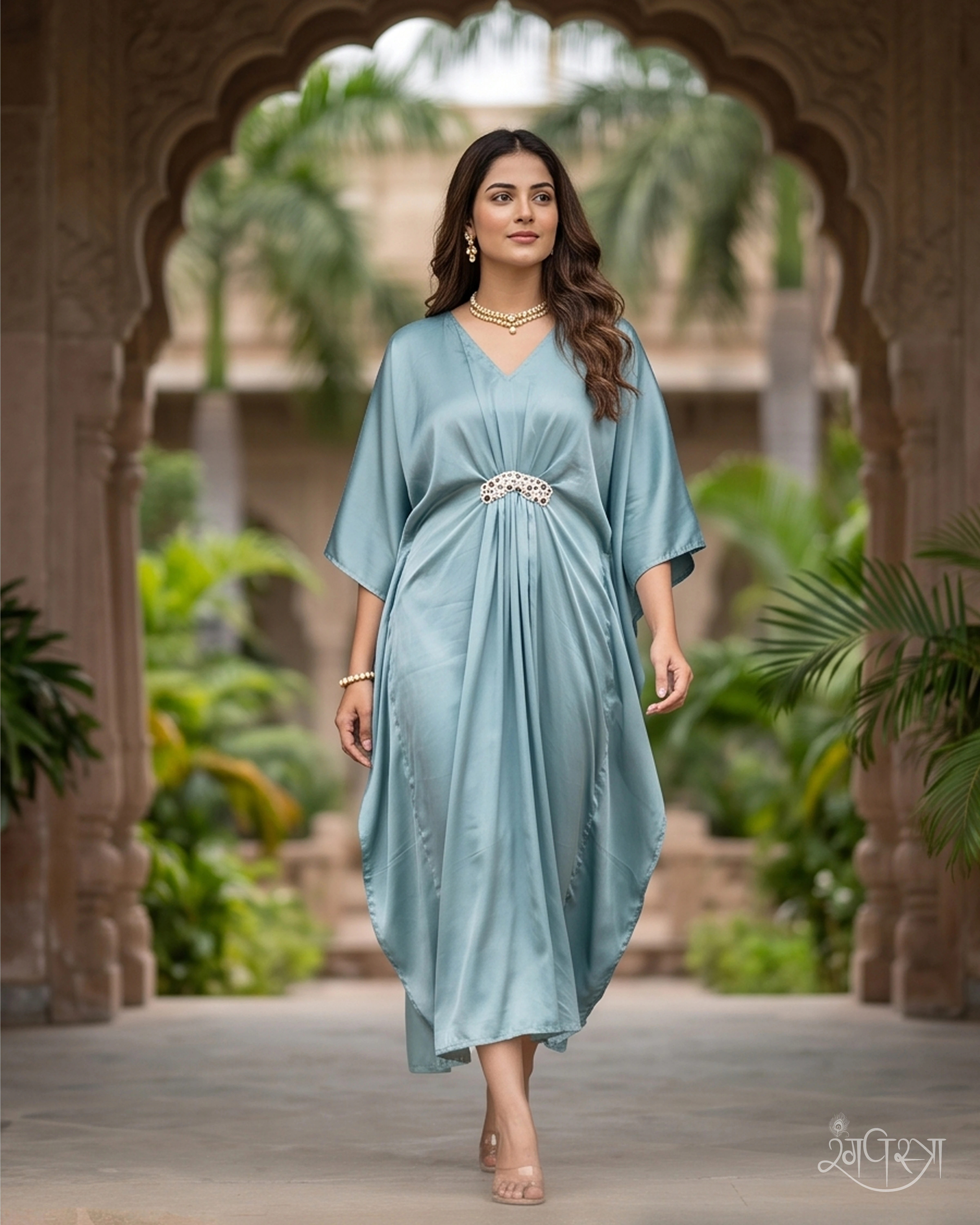 Teal Blue Stone Embellished 1-Piece Kaftan Gown with Gathered Front, V-Neckline & Kaftan Sleeves | Relaxed Fit | Resort Wear
