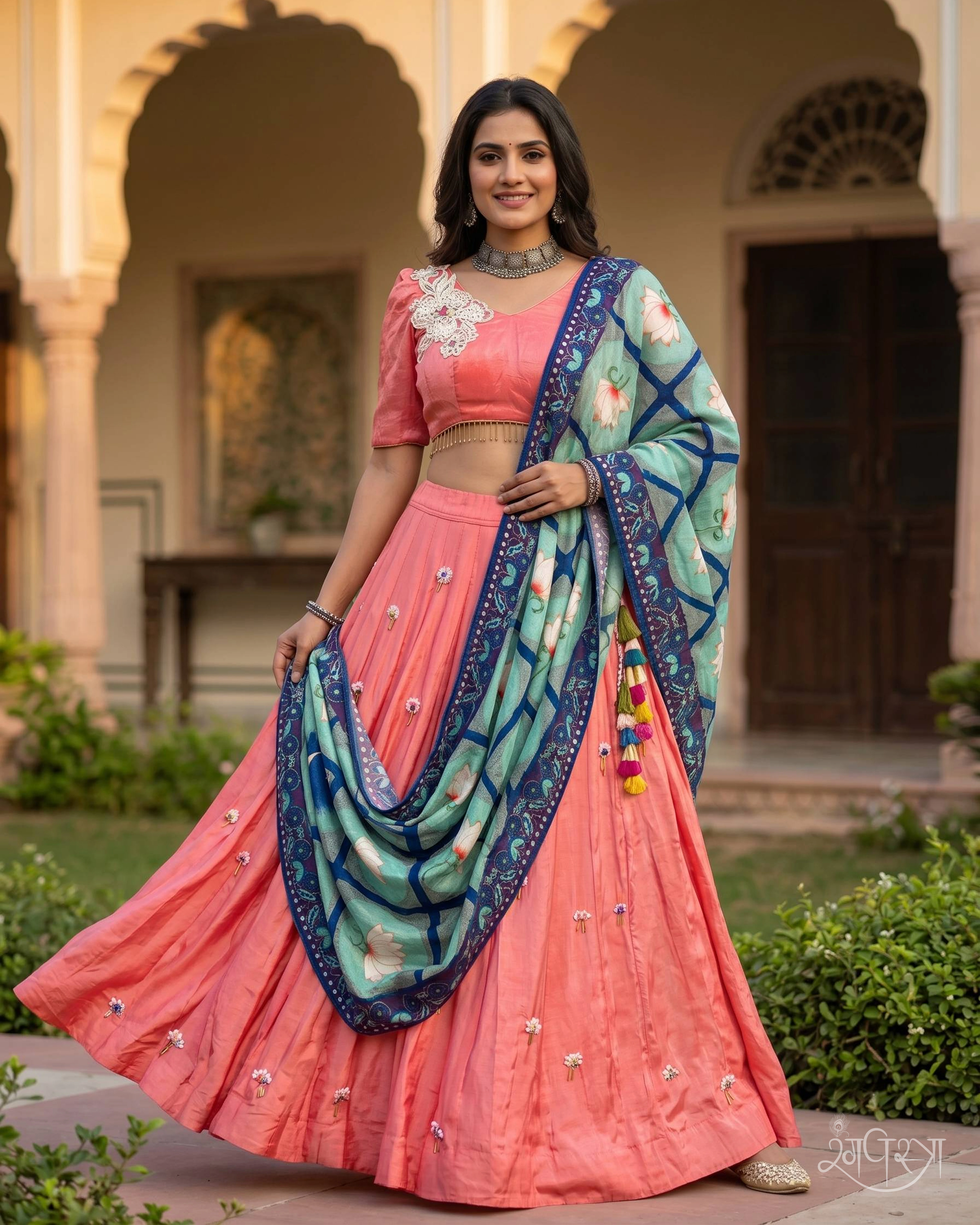Coral Pink Kutchi Embroidery 3-Piece Lehenga Set & Floral Micro Velvet Dupatta, Featuring Tassels | Festive Wear | Wedding Guest