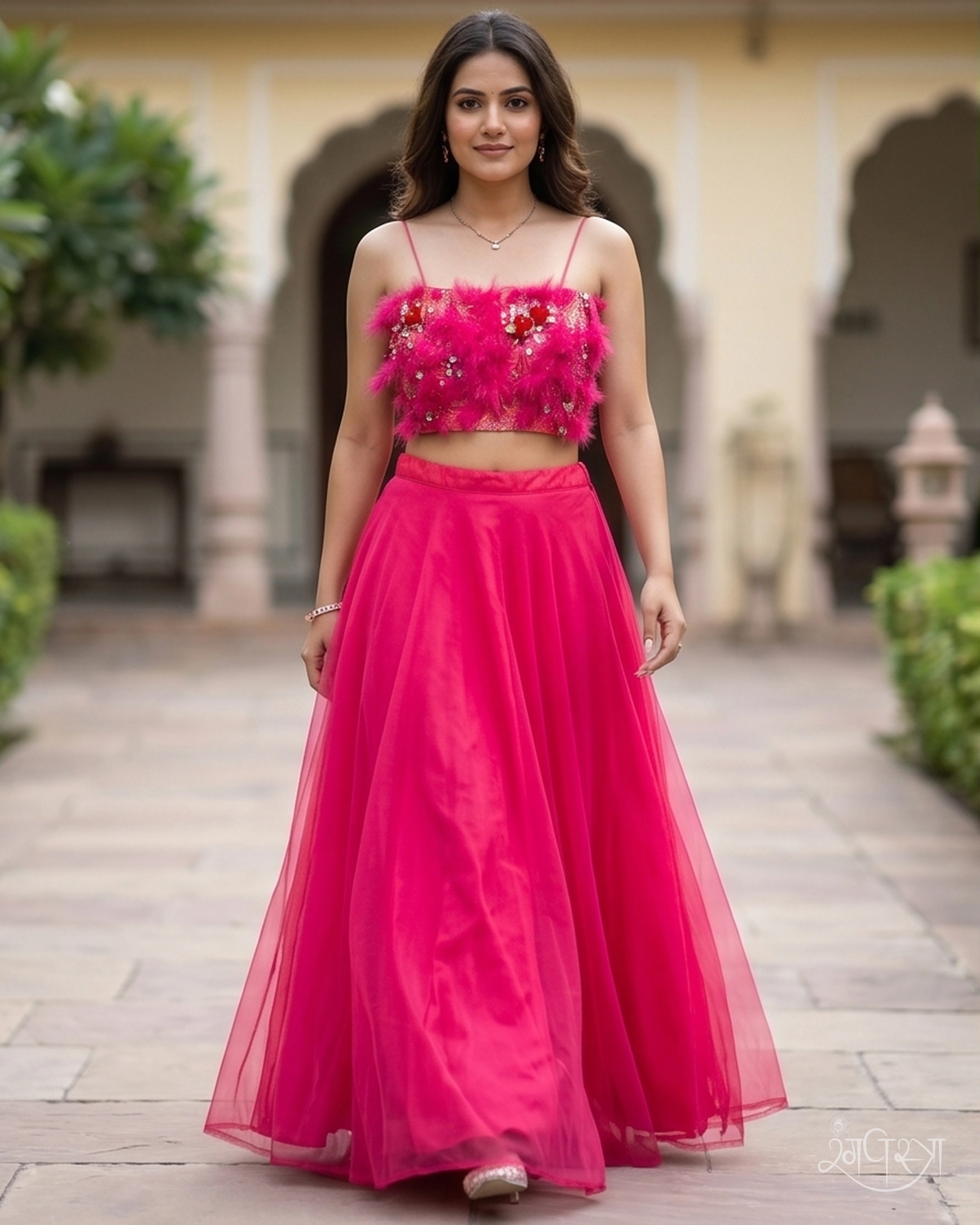 Hot Pink Feather & 3D Floral Embellished 2-Piece Lehenga Set with Thin Shoulder Straps & Flared Lehenga | Contemporary Style | Festive Wear