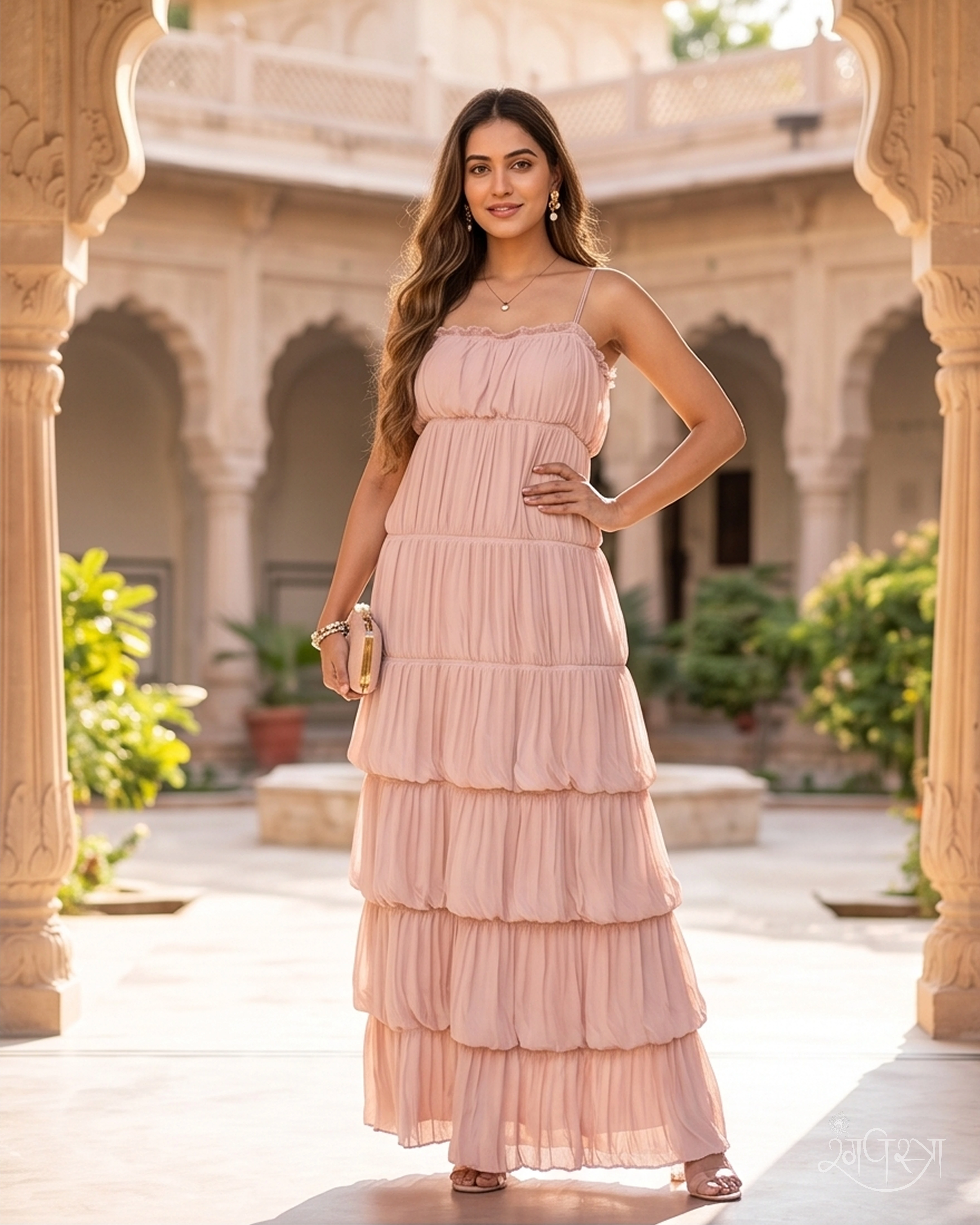 Pale Pink Tiered Ruffle 1-Piece Festive Gown with a full tiered silhouette and delicate ruffled neckline | Contemporary Ethnic | Casual Celebrations