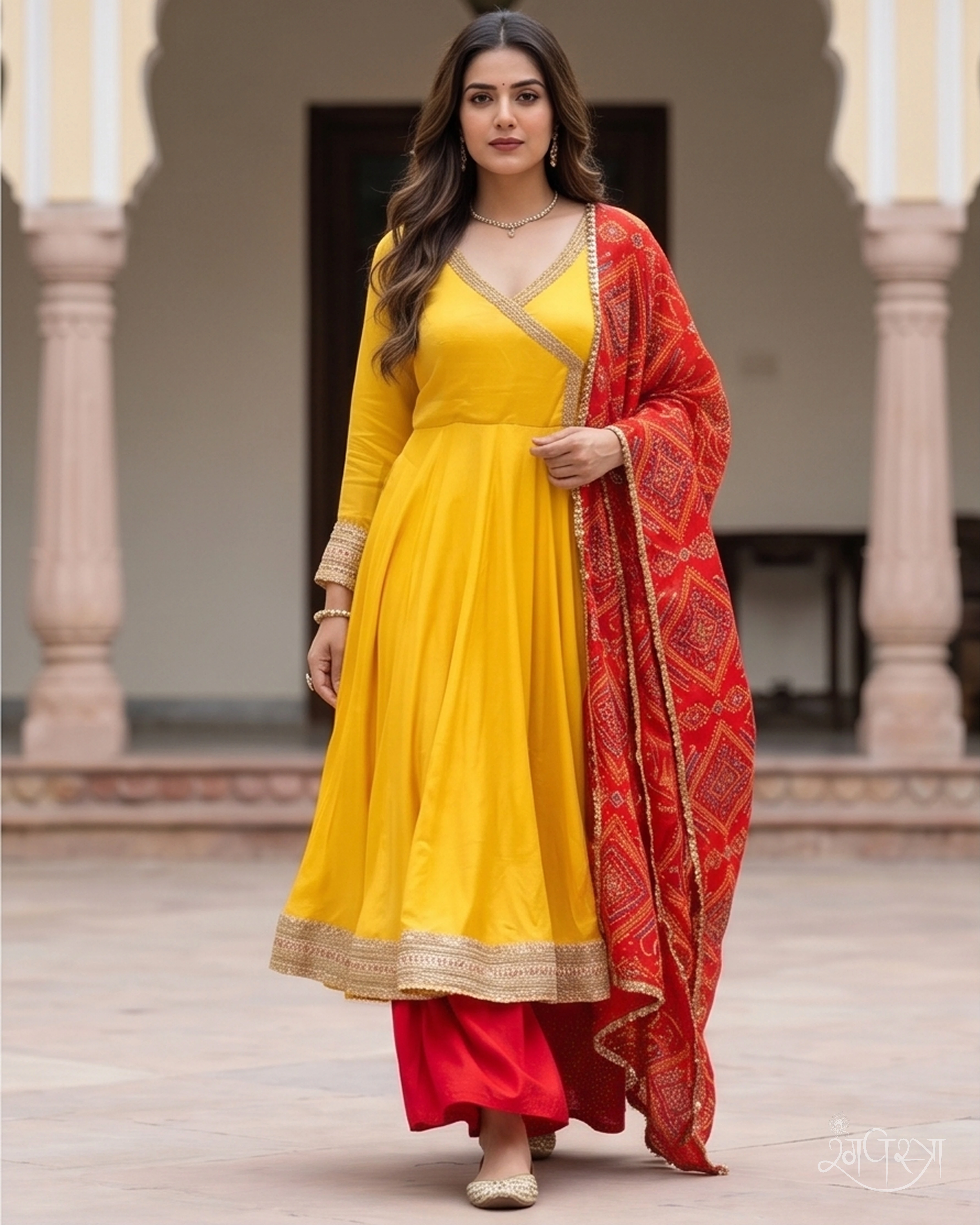Bright Yellow Gota Patti Embroidered 2-Piece Anarkali Gown Set with Red Real Vintage Dupatta & V-Neck | Ethnic Wear | Festive Wear