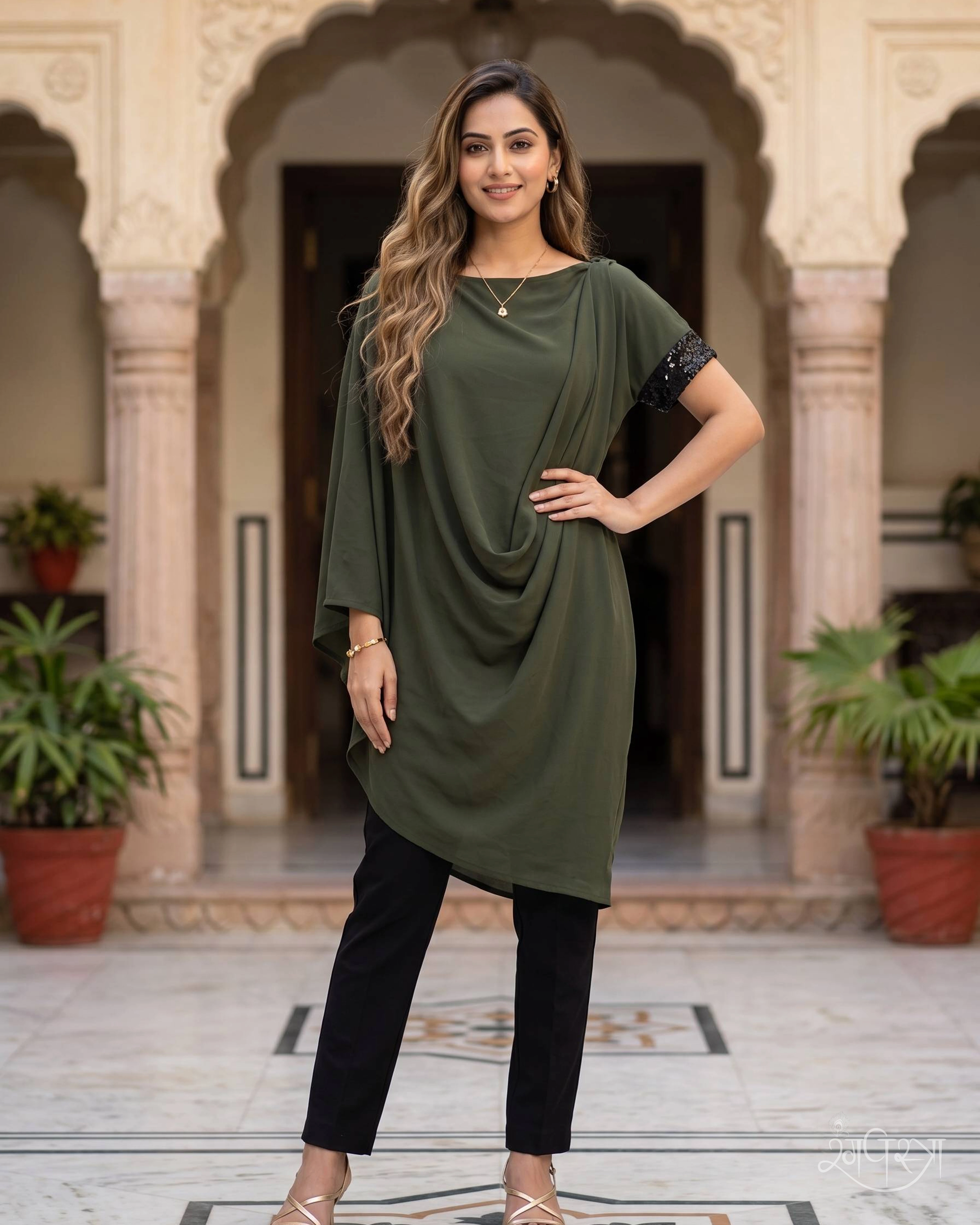 Olive Green Draped Festive Gown with Sequin Embellished Short Sleeves & Boat Neckline | Contemporary Style | Evening Wear