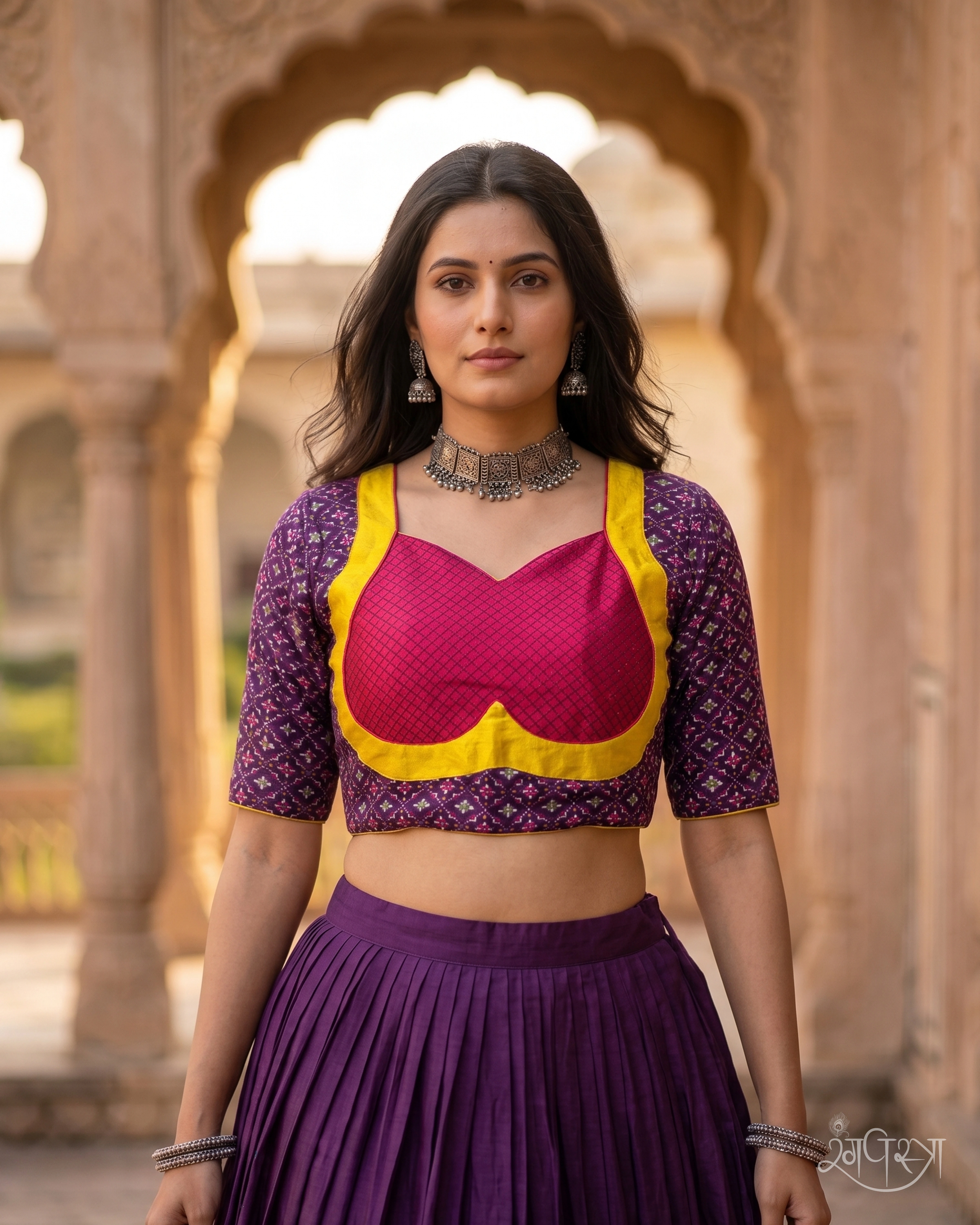 Deep Purple Patola-Inspired Blouse with Sweetheart Neck & Open Keyhole Back | Elbow Sleeves | Festive & Party Wear