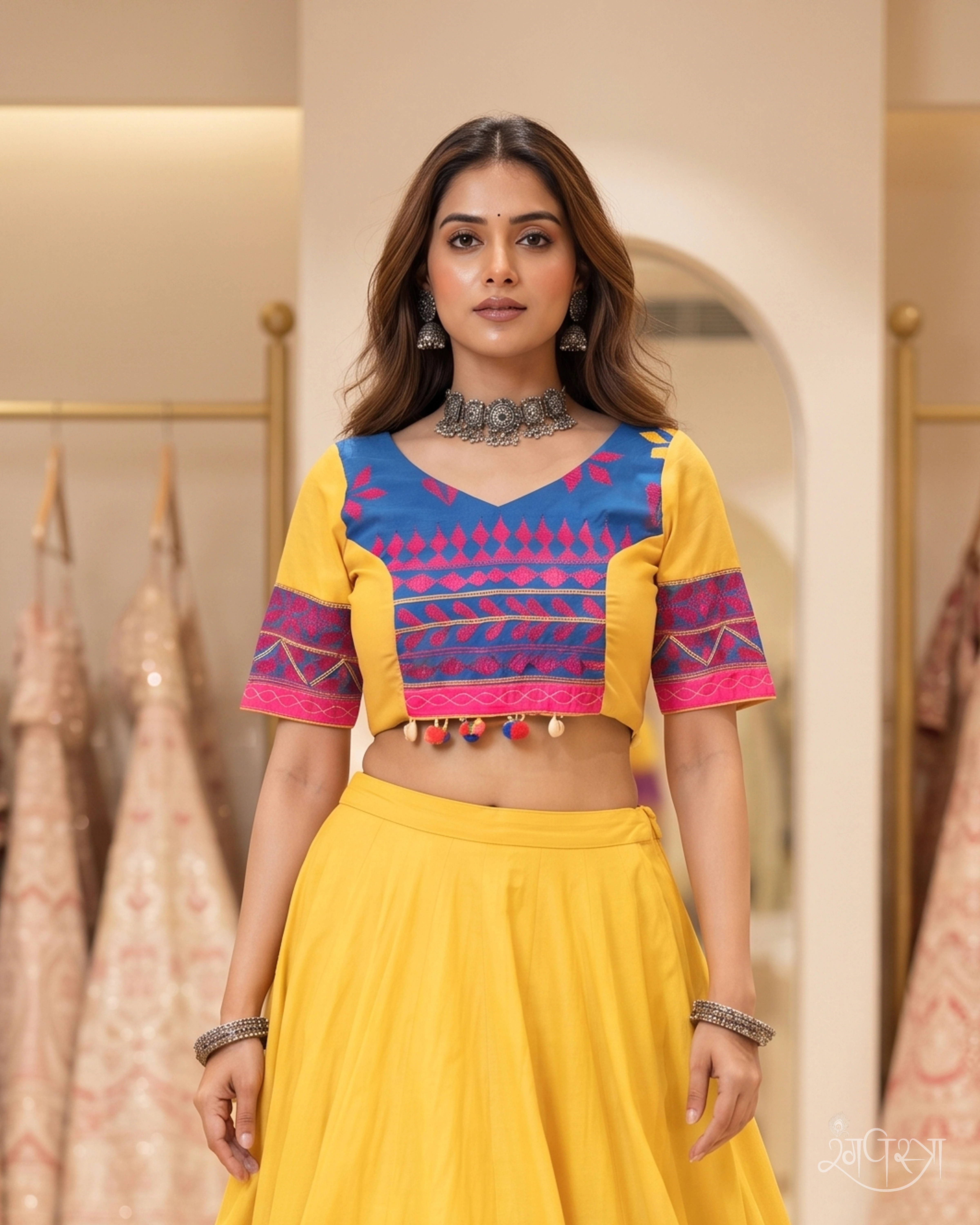 Yellow, Blue & Pink Cotton Embroidered Blouse with Elbow Sleeves & Deep Open Back Tie-Up | Festive Wear | Kutchi Style