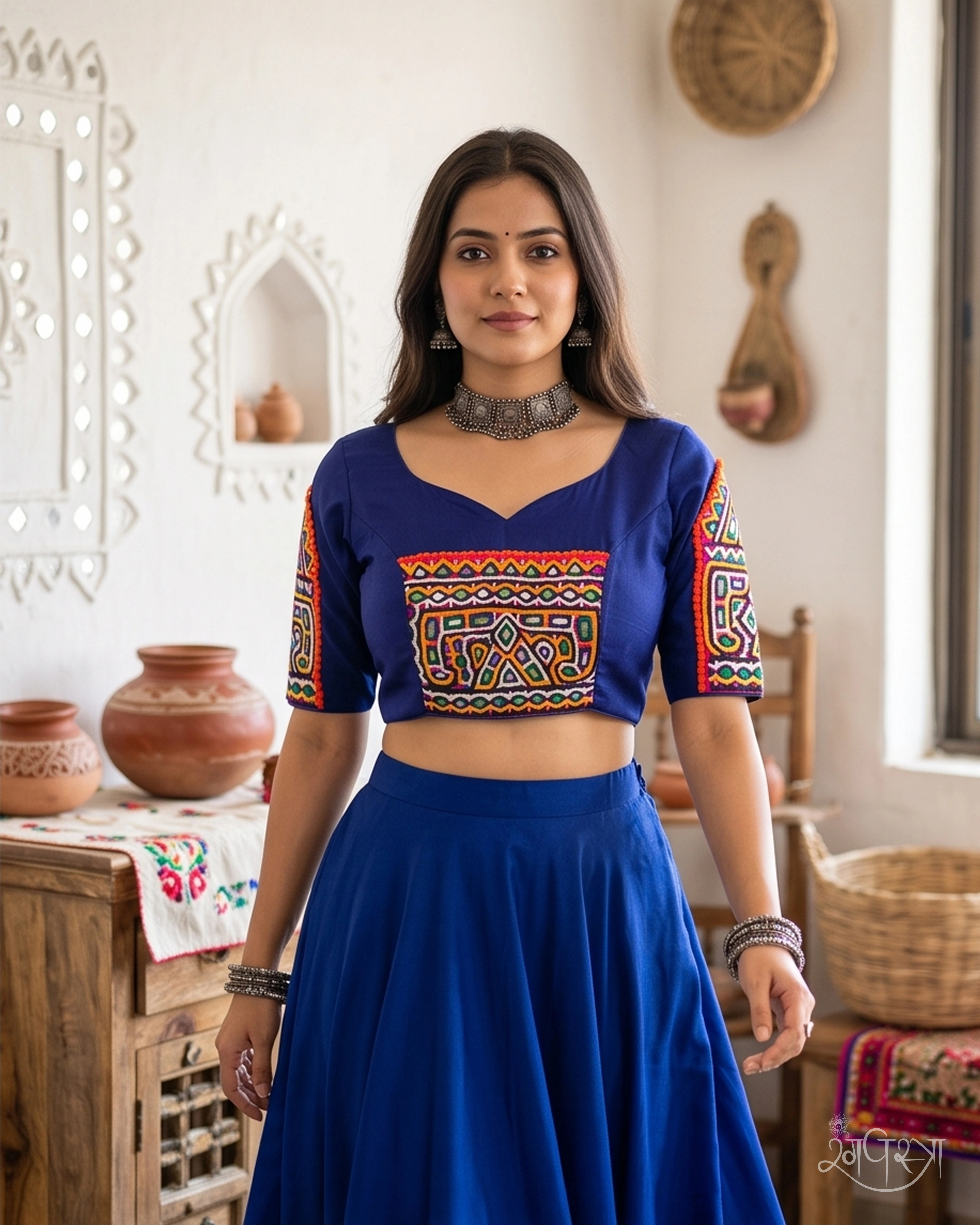 Deep Blue Kutchi Embroidered Blouse with Shisha (Mirror) Work & Deep U-Neck | Traditional Gujarati | Navratri & Festive Wear