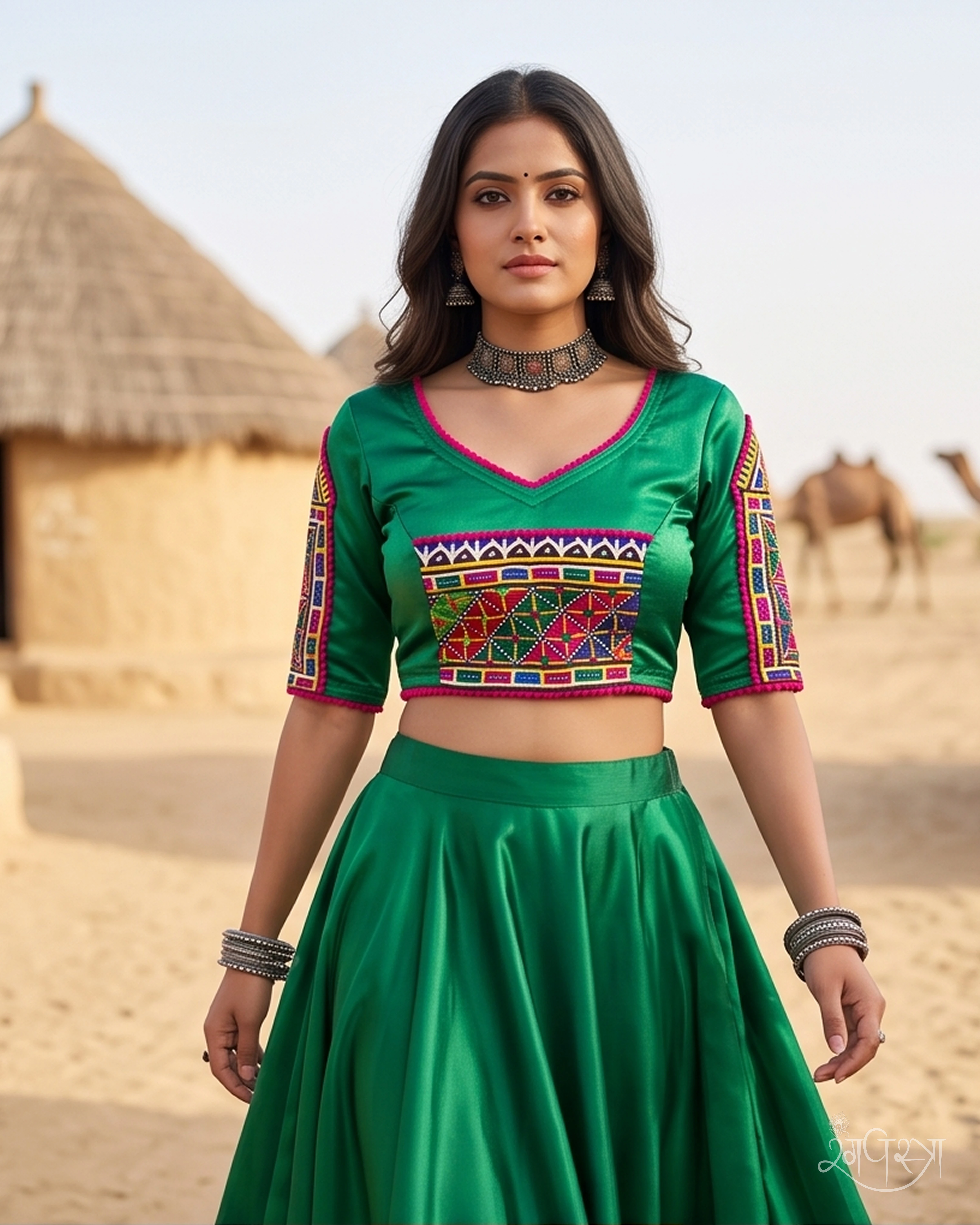 Deep Emerald Green Kutchi Hand Embroidered V-Neck Blouse with Open Back & Pom-Pom Trim | Festive Blouse | Navratri & Party Wear