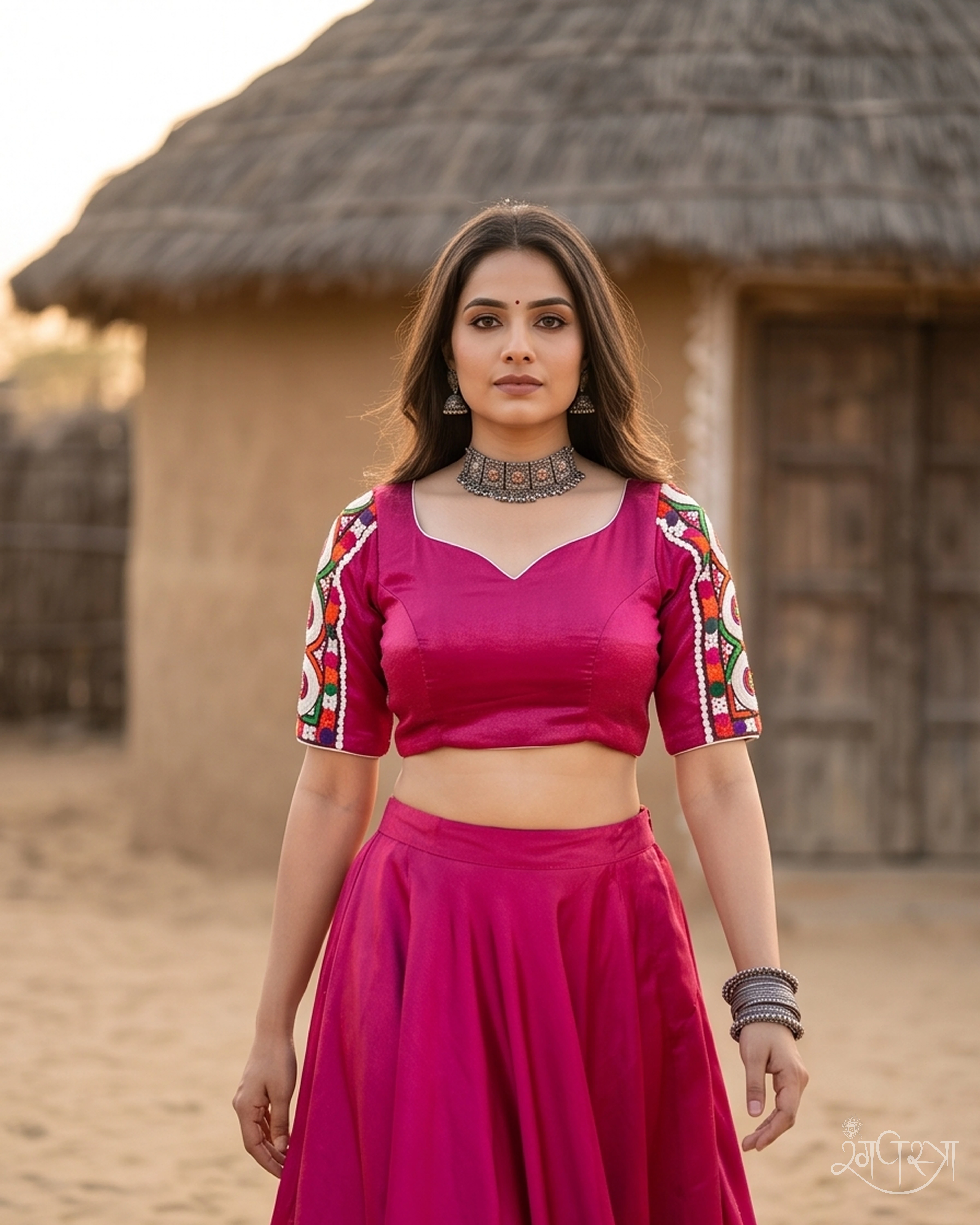 Deep Pink Kutchi Hand Embroidery Sleeves, Shisha Work & Open Tie Back | Festive | Navratri & Party Wear