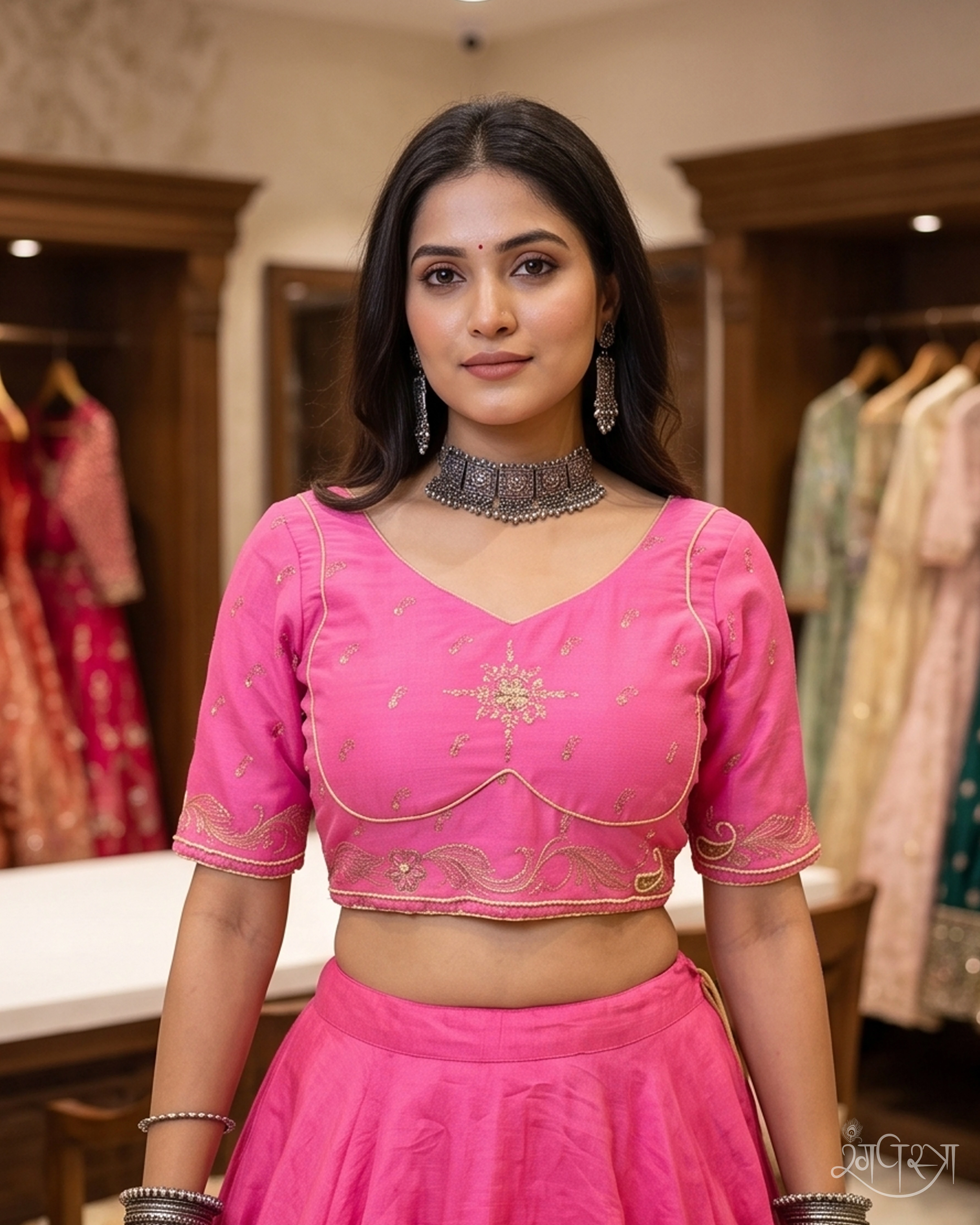 Rani Pink Real Vintage Embroidered Blouse with Sweetheart Neck & Elbow Sleeves | Festive Wear | Wedding Guest Party Blouse