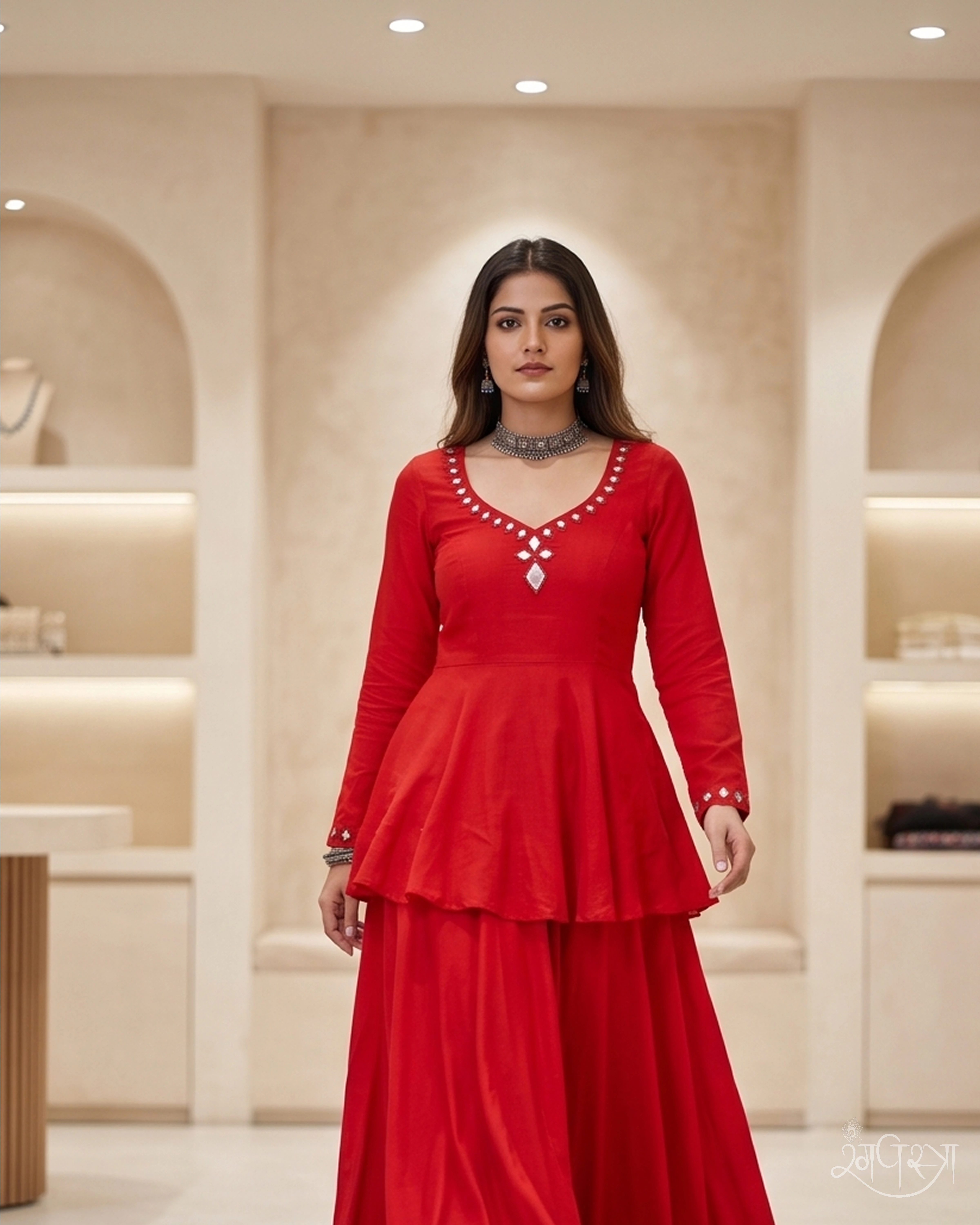 Deep Red Mirror Work Reyon Blouse with Belt & Full Sleeves | Open Back | Kutchi Style Festive Wear